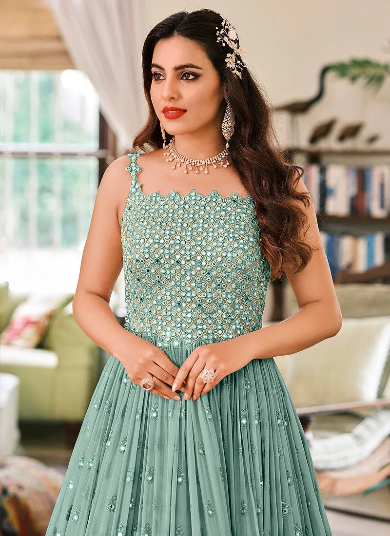 Teal Blue Foil Mirror Work Georgette Anarkali Suit