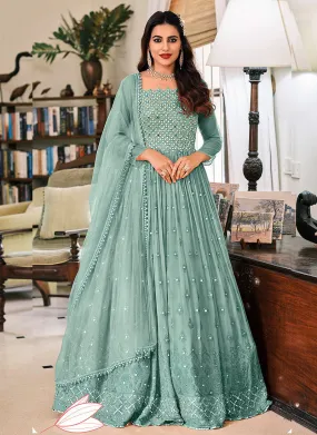 Teal Blue Foil Mirror Work Georgette Anarkali Suit