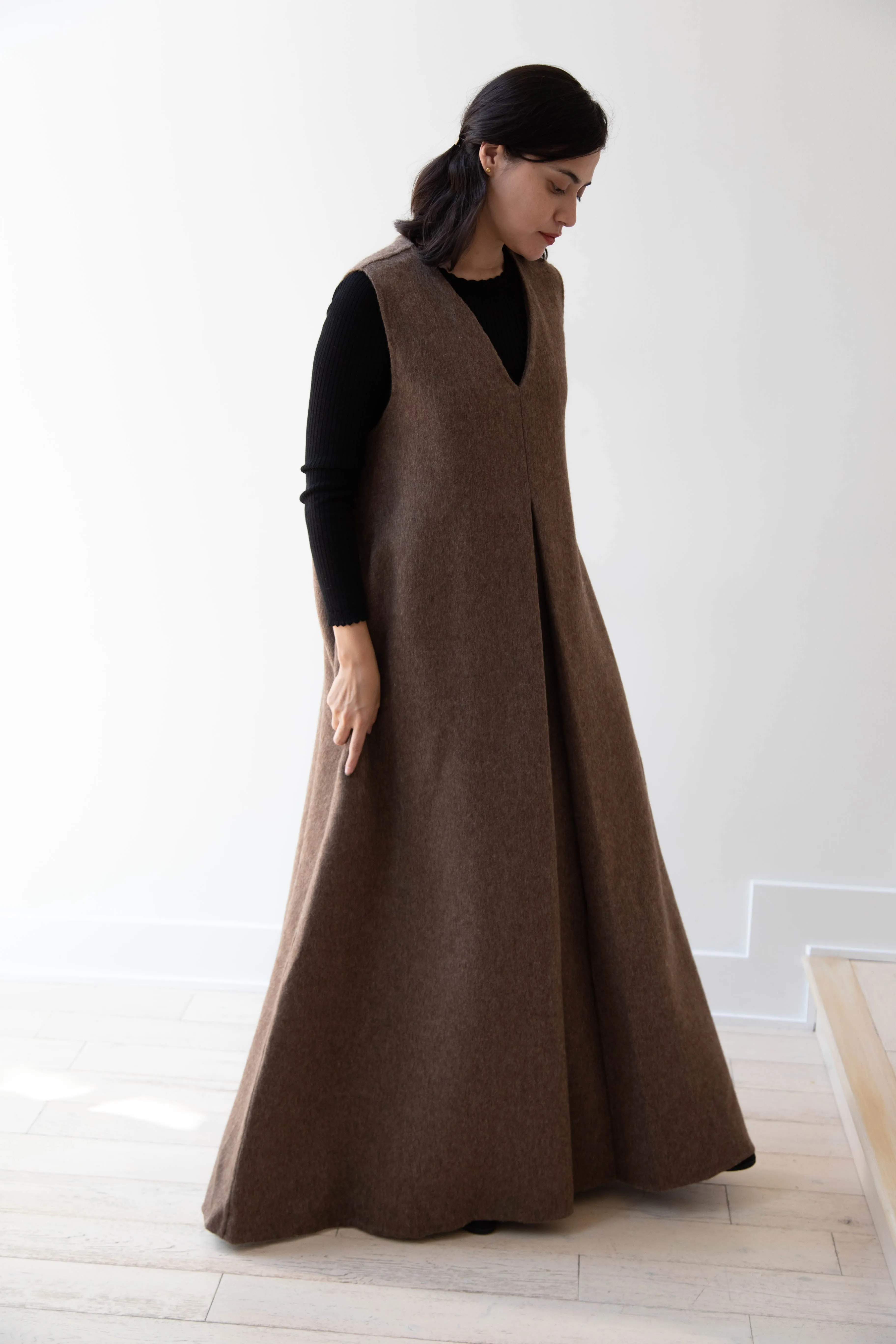 The Backward Vendor | Stewardess Dress in Brown Alpaca Wool