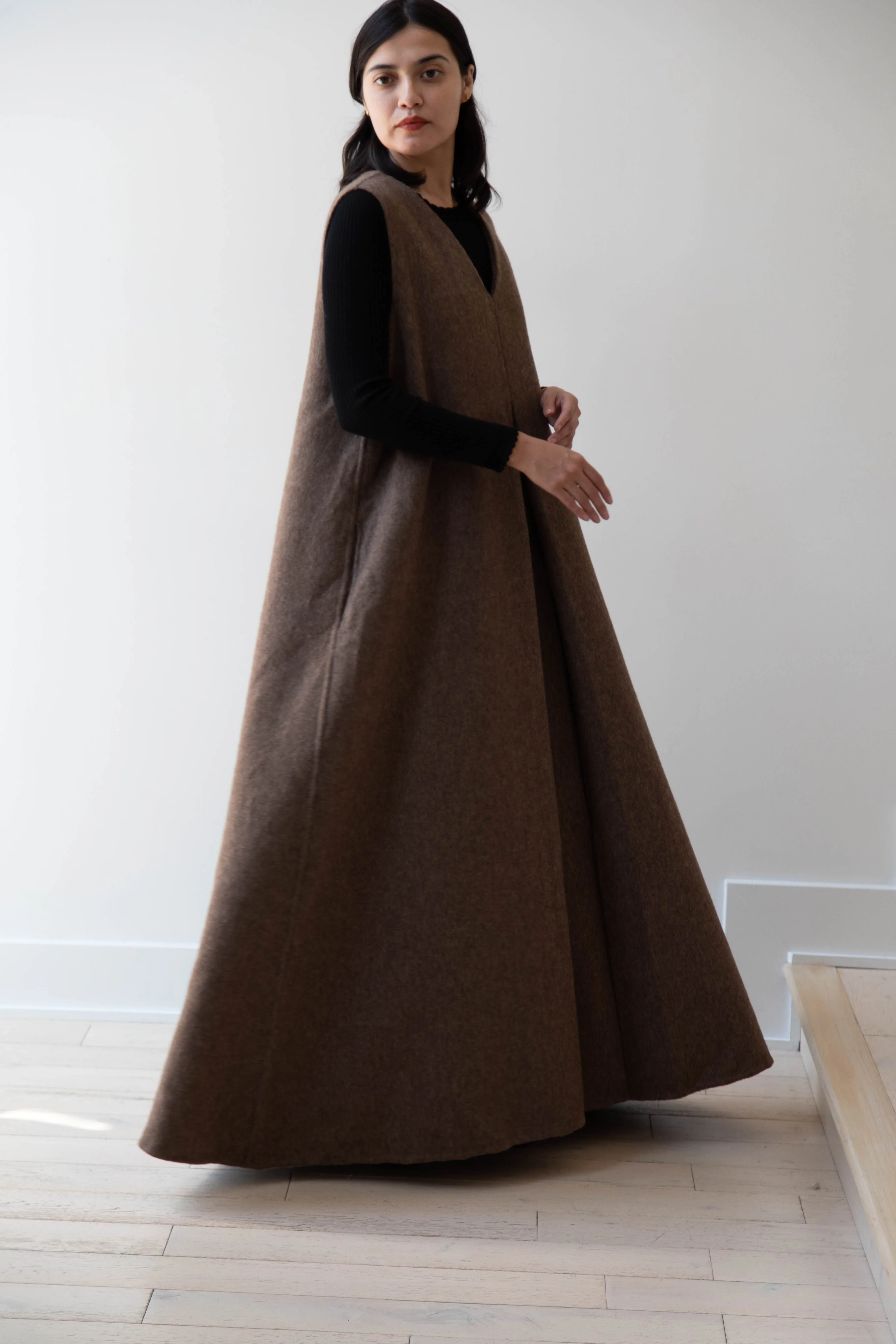 The Backward Vendor | Stewardess Dress in Brown Alpaca Wool