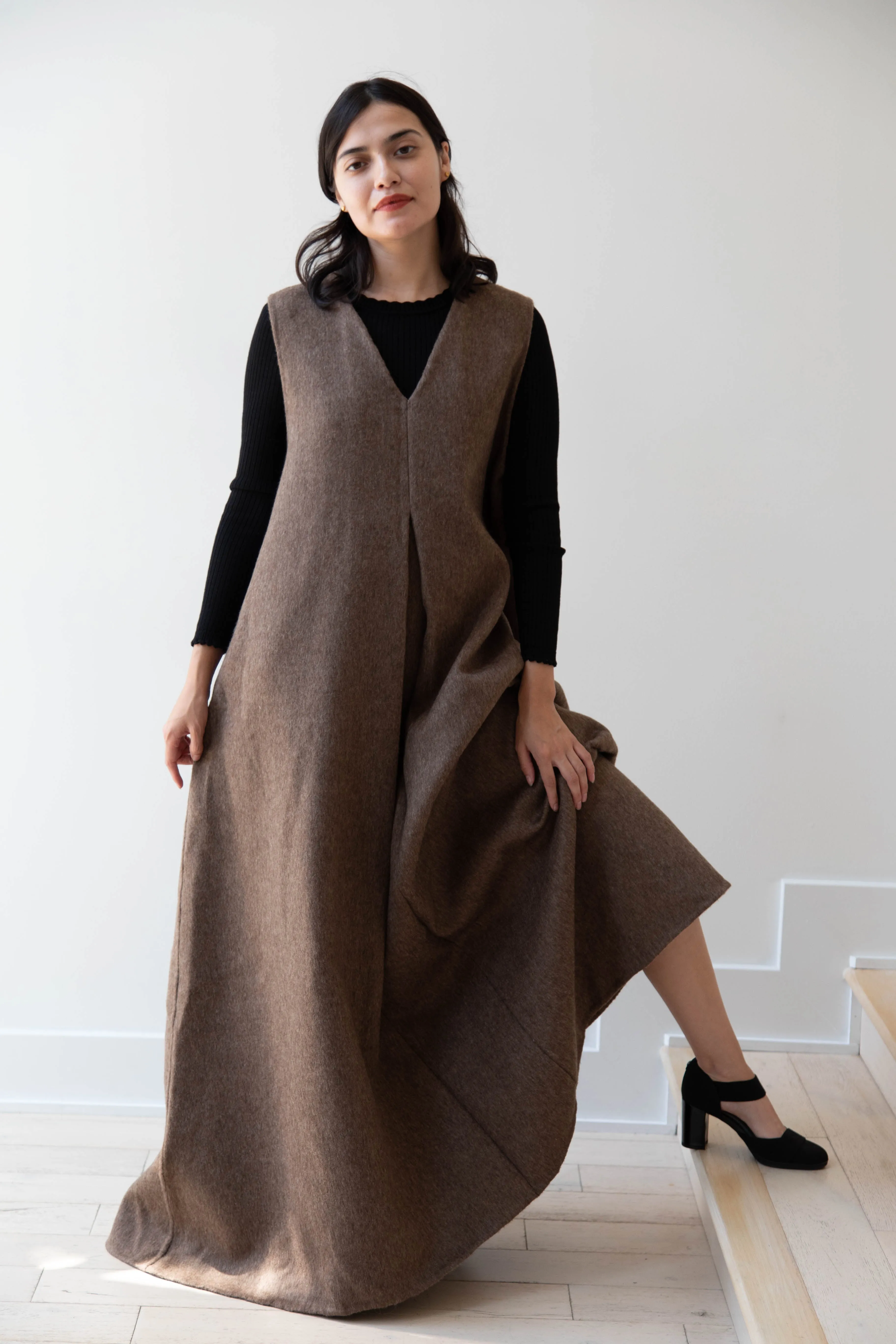 The Backward Vendor | Stewardess Dress in Brown Alpaca Wool