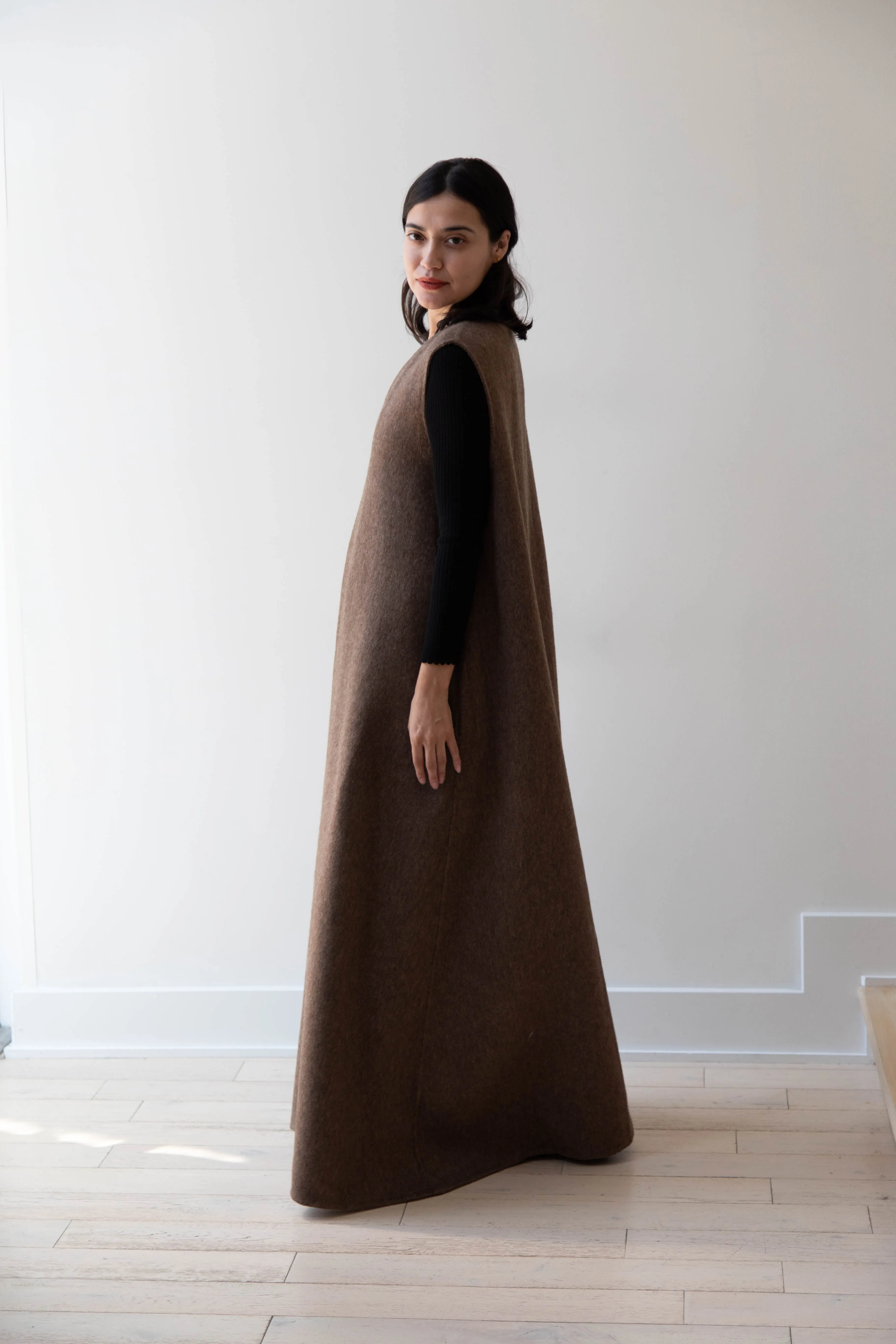 The Backward Vendor | Stewardess Dress in Brown Alpaca Wool