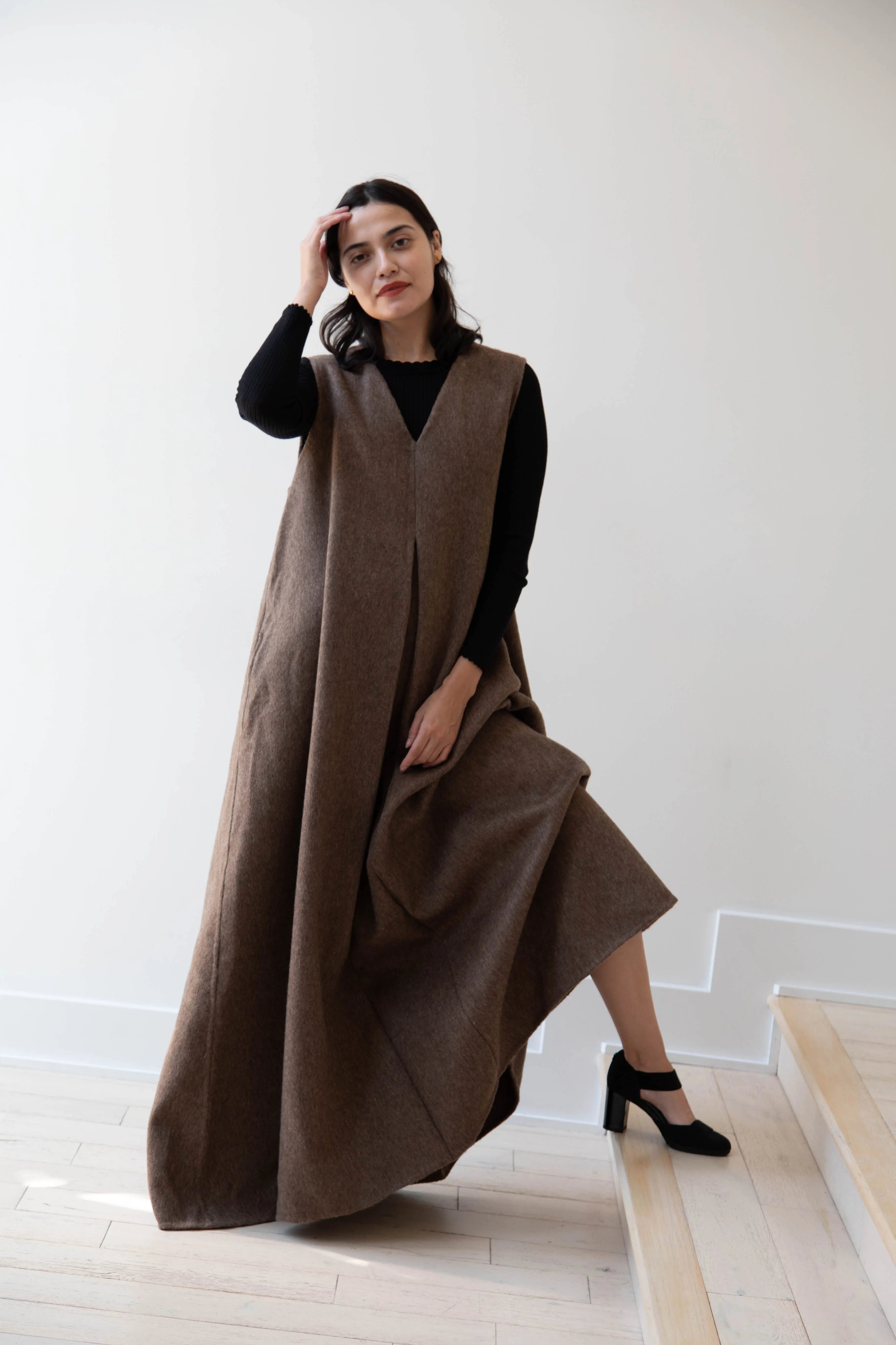 The Backward Vendor | Stewardess Dress in Brown Alpaca Wool