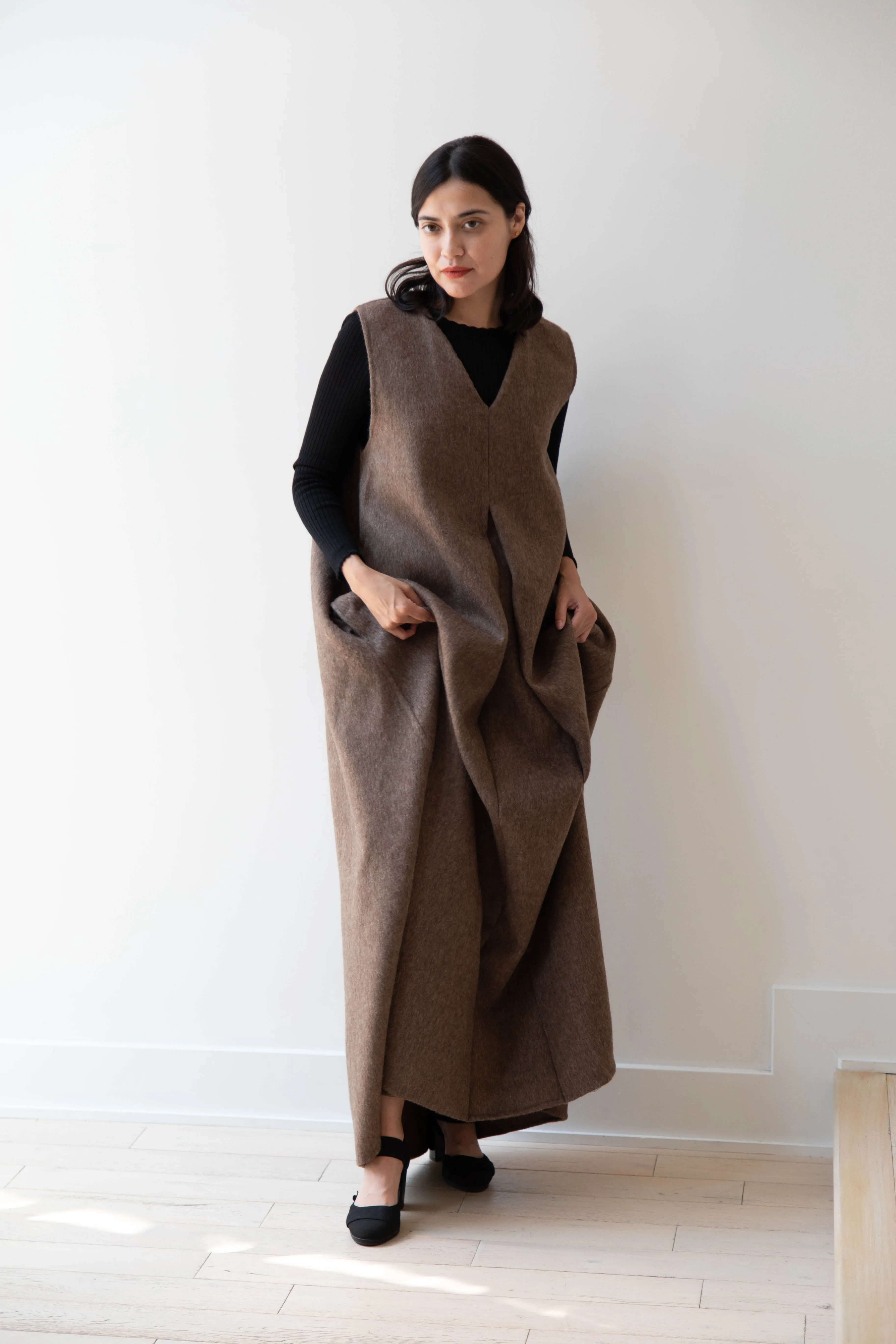 The Backward Vendor | Stewardess Dress in Brown Alpaca Wool