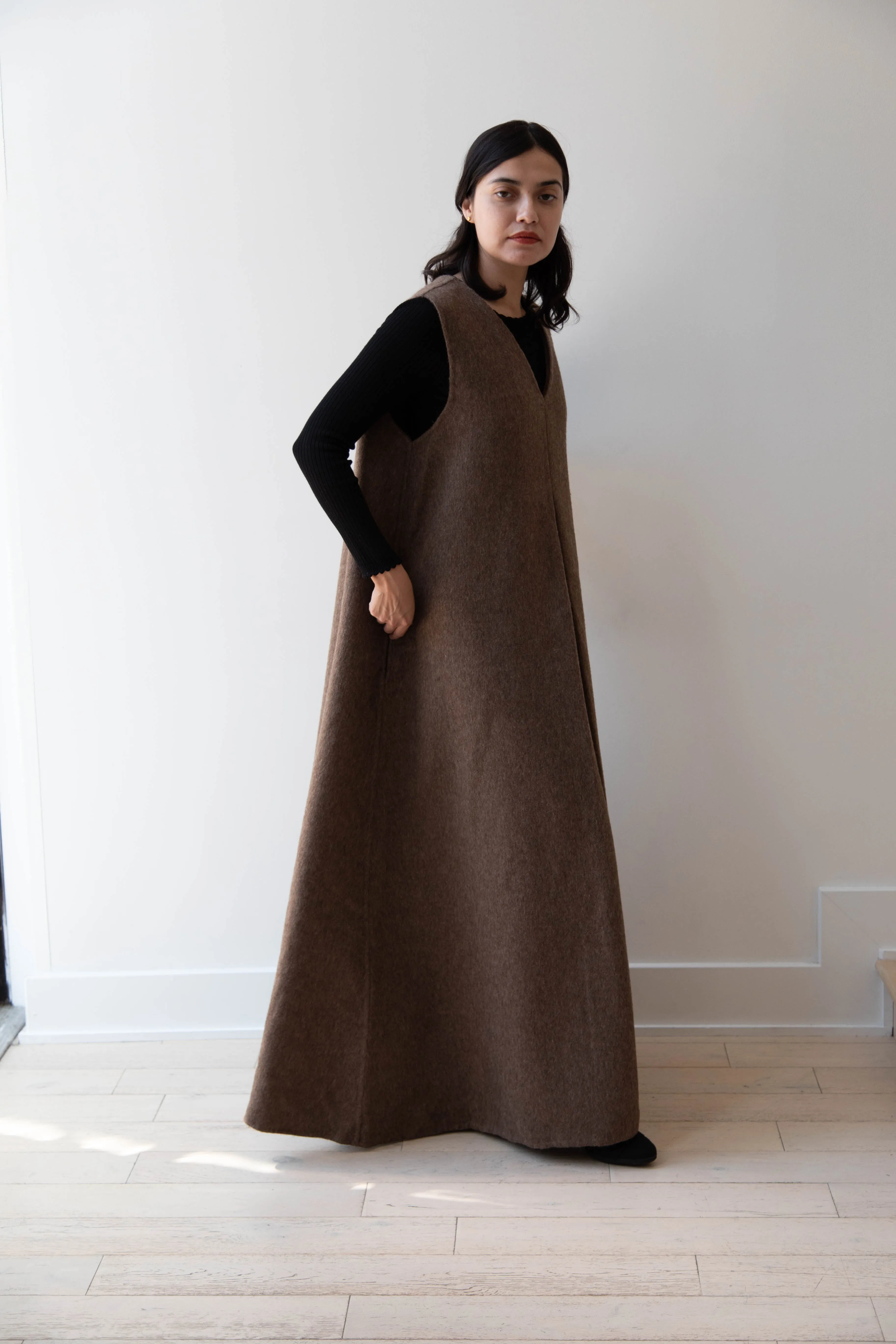 The Backward Vendor | Stewardess Dress in Brown Alpaca Wool