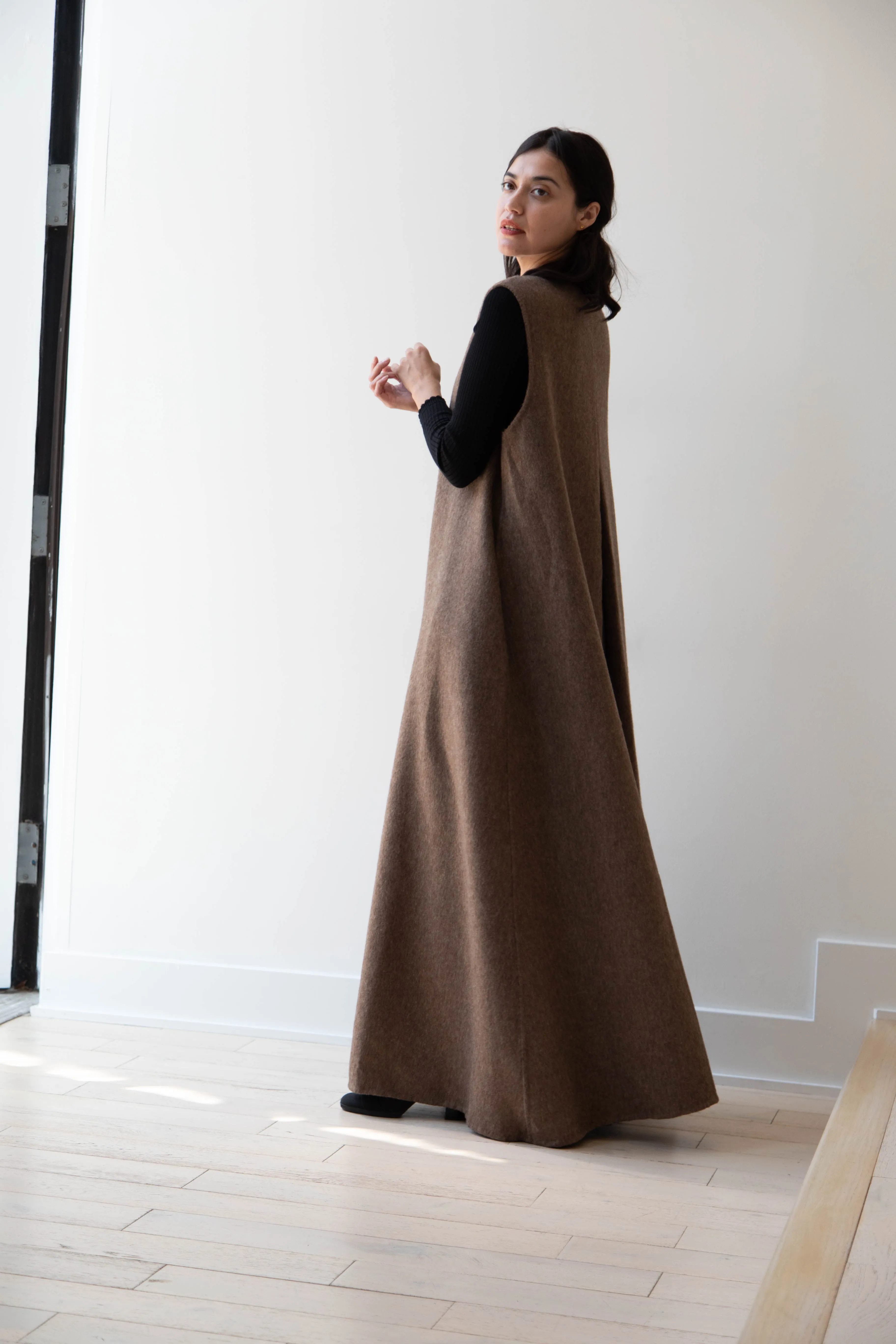 The Backward Vendor | Stewardess Dress in Brown Alpaca Wool