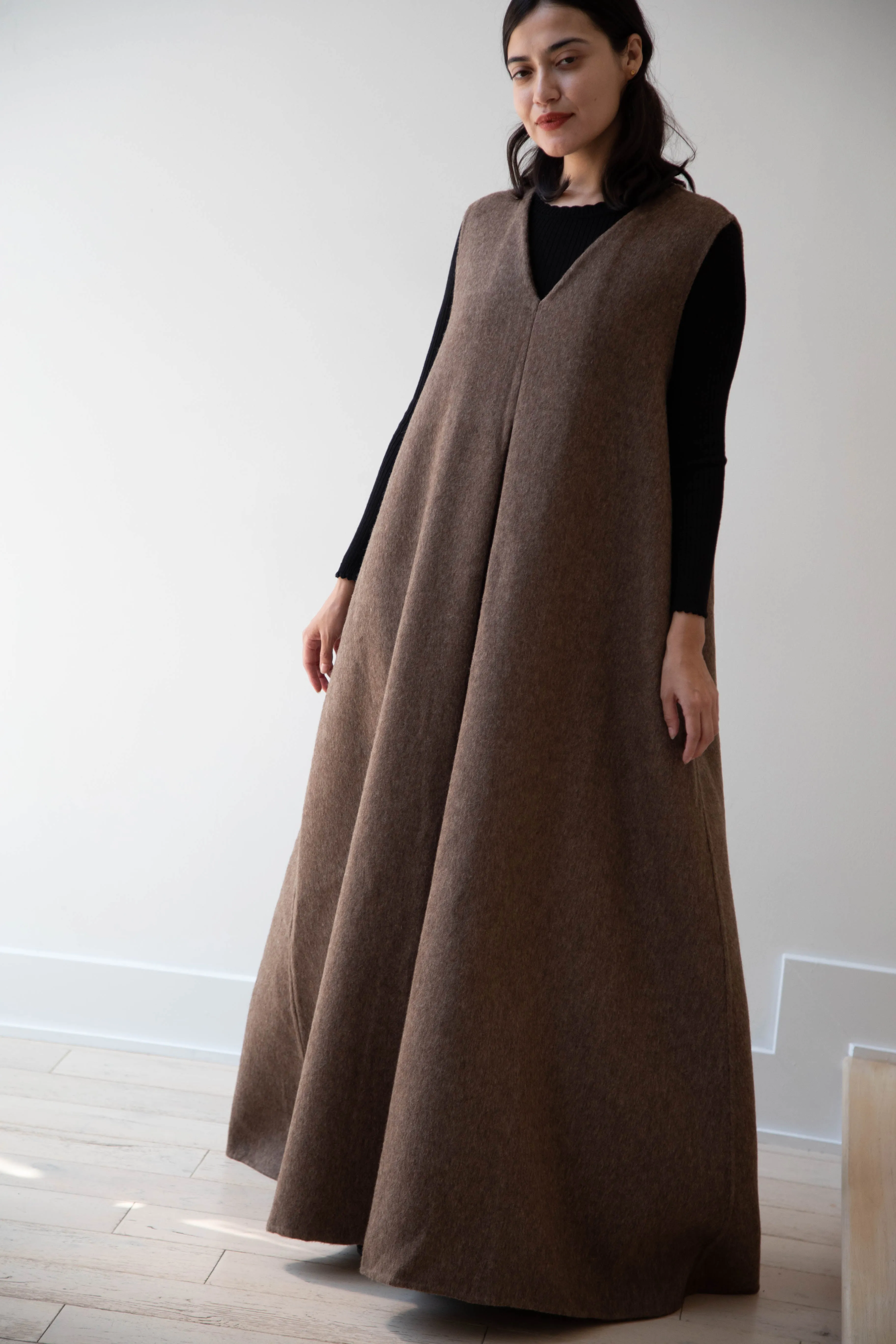 The Backward Vendor | Stewardess Dress in Brown Alpaca Wool