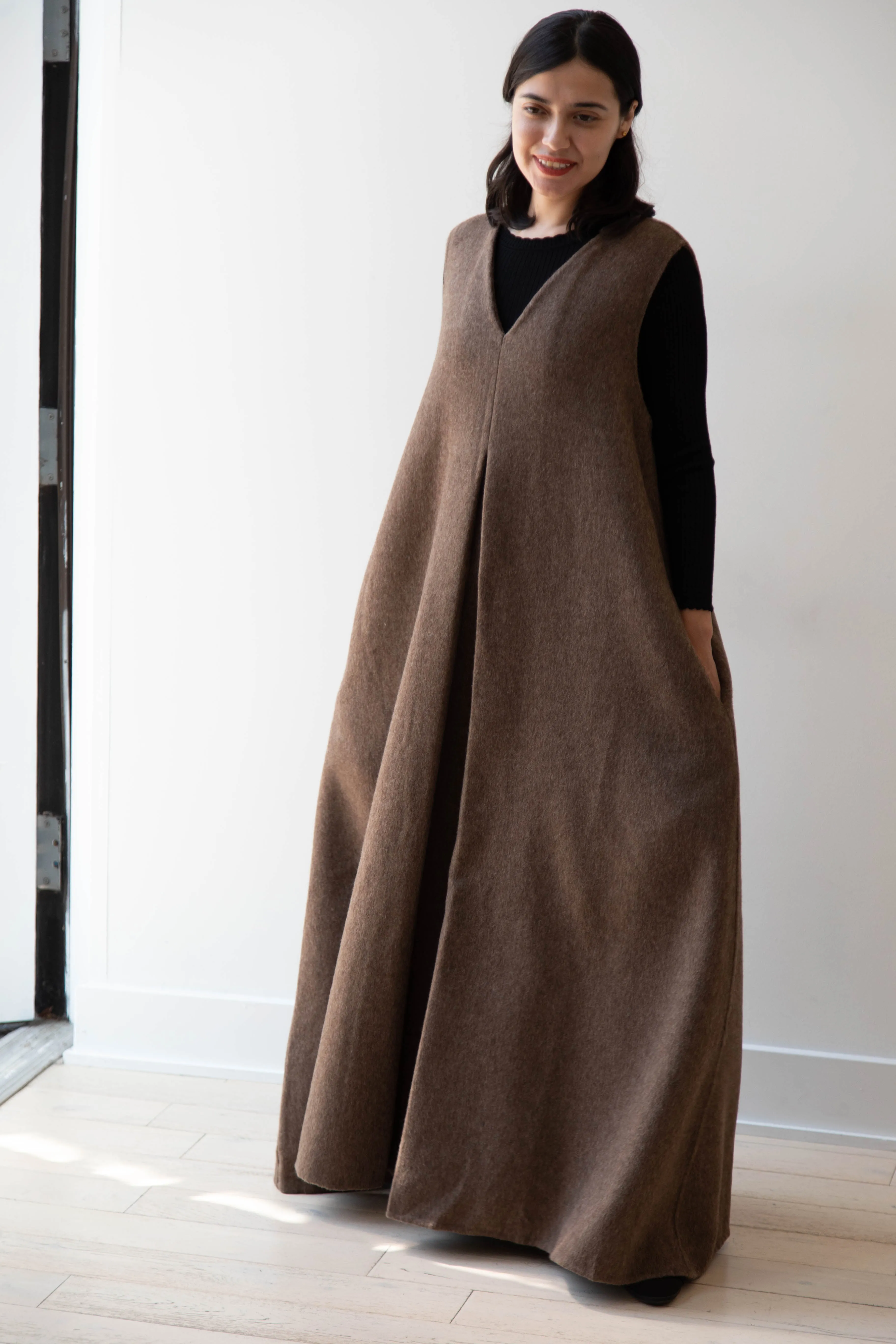 The Backward Vendor | Stewardess Dress in Brown Alpaca Wool