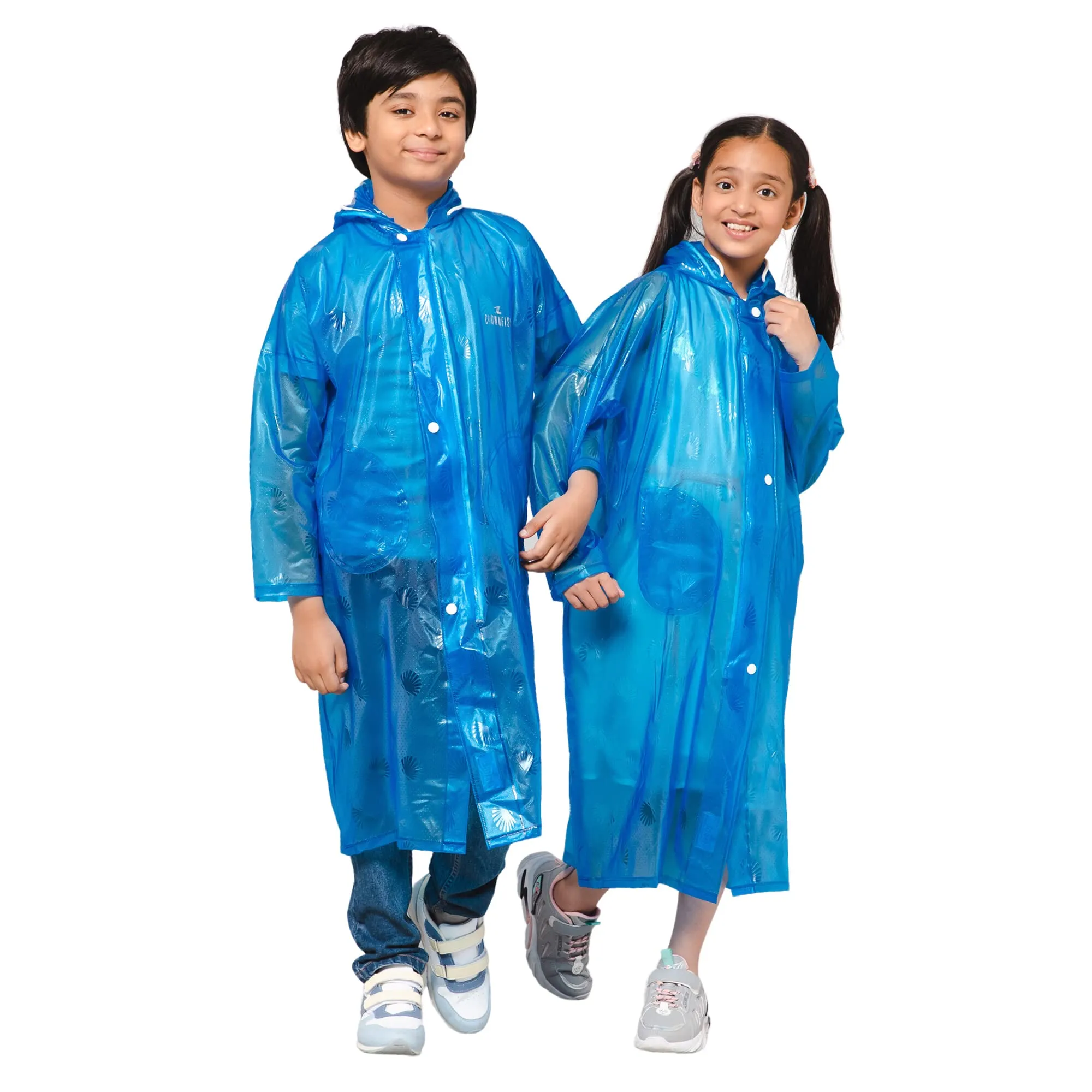 THE CLOWNFISH Wet & Wild Series Unisex Kids Waterproof Single Layer PVC Longcoat/Raincoat with Adjustable Hood. Age-3-4 Years (Royal Blue)