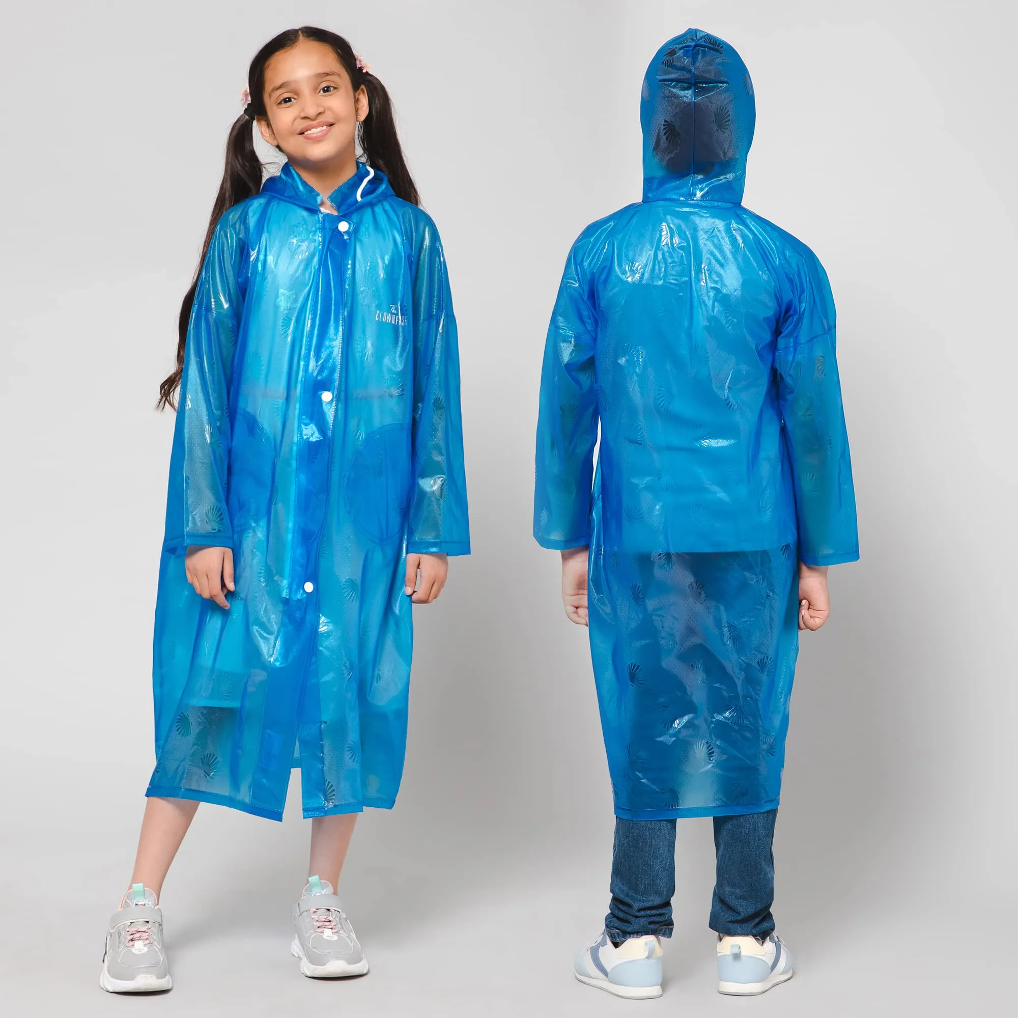 THE CLOWNFISH Wet & Wild Series Unisex Kids Waterproof Single Layer PVC Longcoat/Raincoat with Adjustable Hood. Age-4-5 Years (Royal Blue)