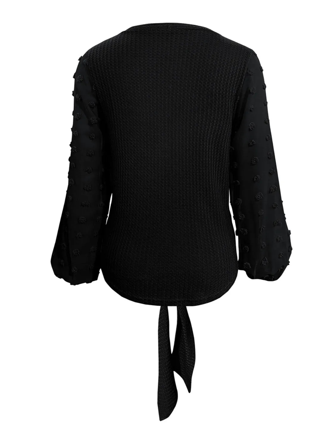 Tied Swiss Dot V-Neck Long Sleeve Sweater Blouse