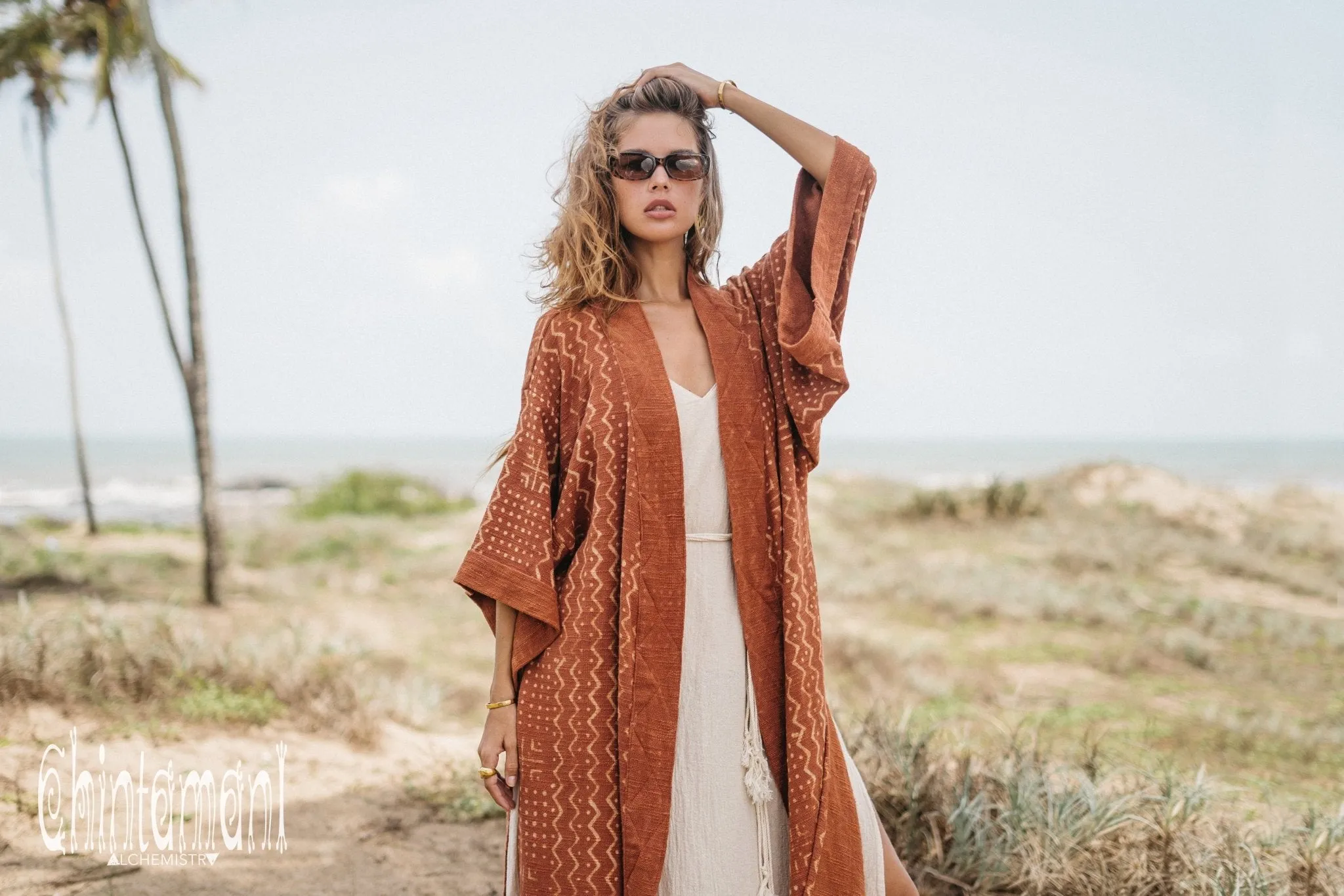 Tribal Kimono Robe with Block Print for Women / Rust