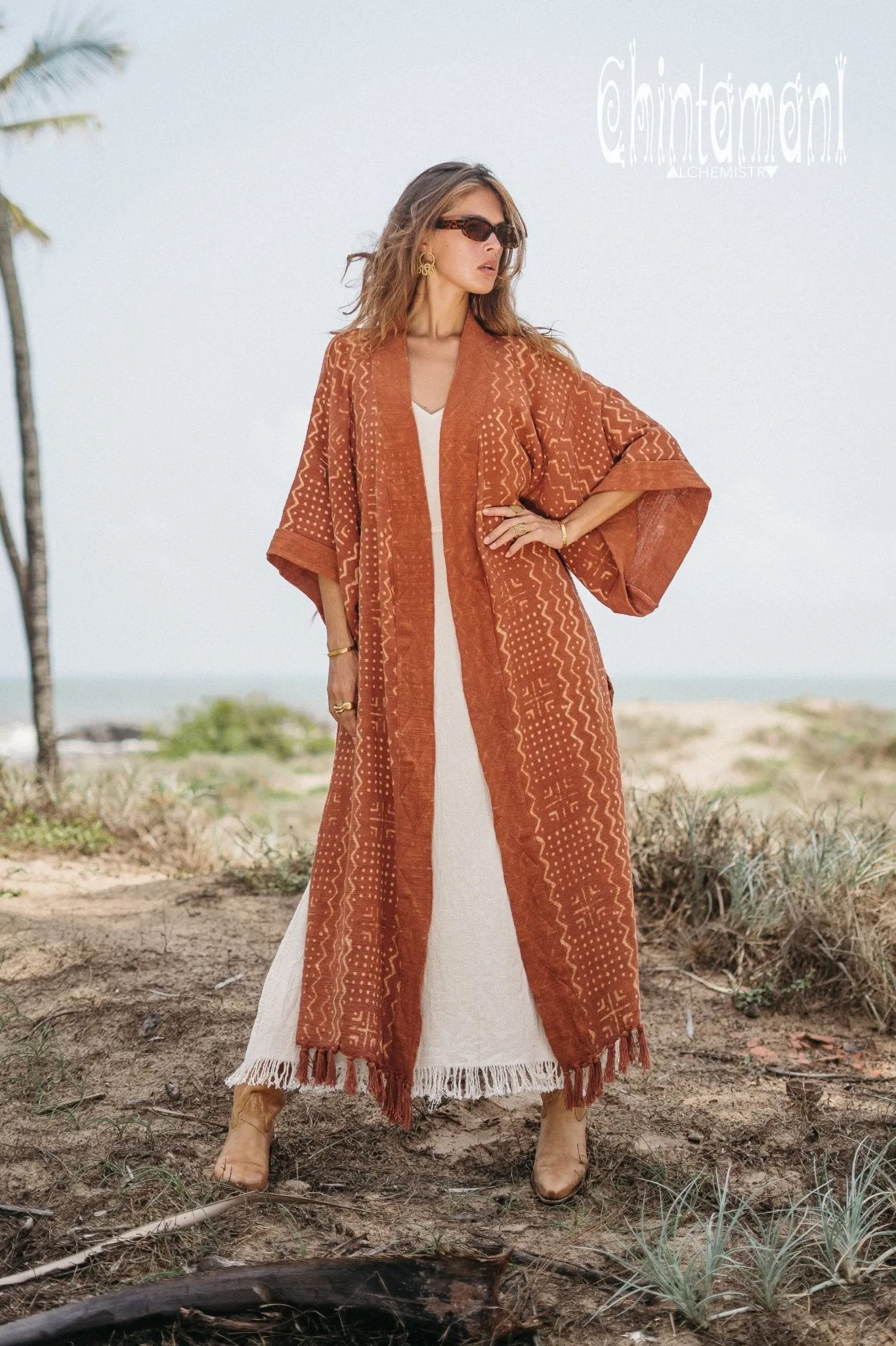 Tribal Kimono Robe with Block Print for Women / Rust