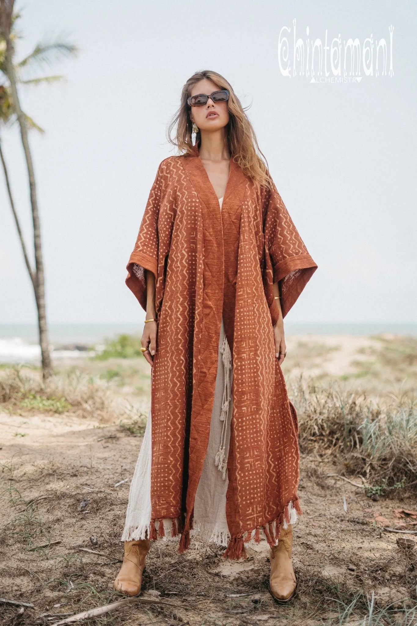 Tribal Kimono Robe with Block Print for Women / Rust