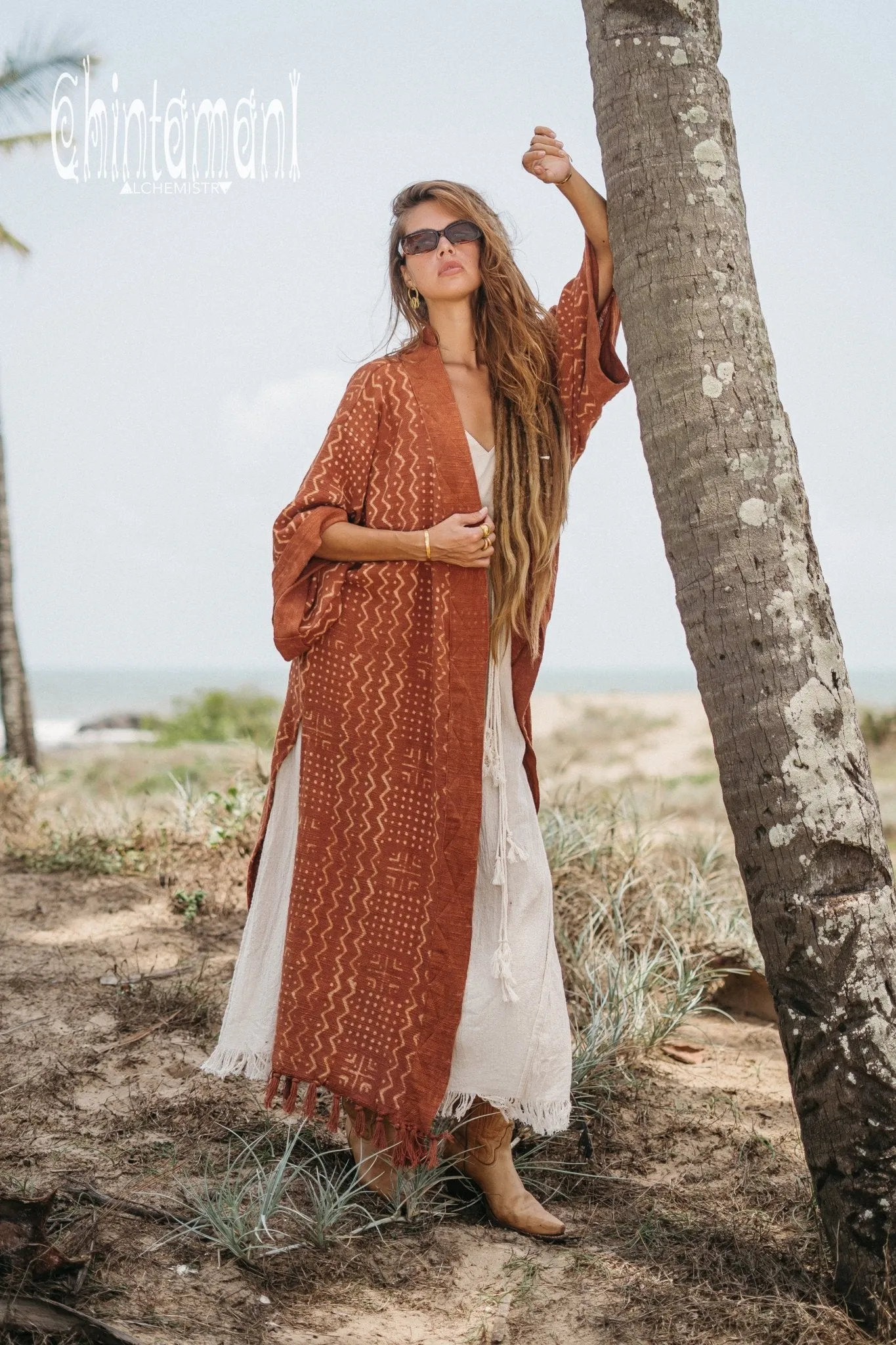 Tribal Kimono Robe with Block Print for Women / Rust