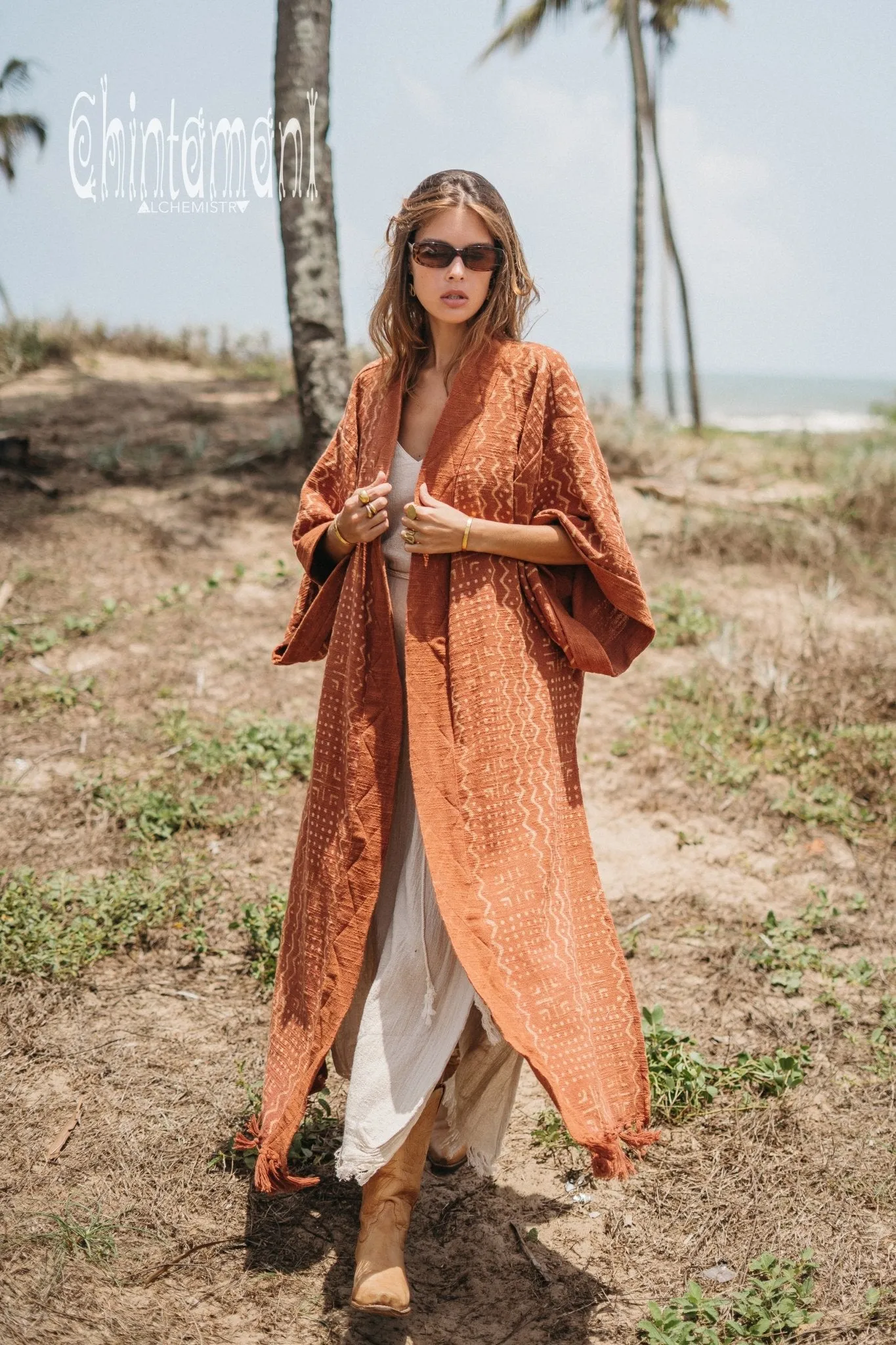 Tribal Kimono Robe with Block Print for Women / Rust