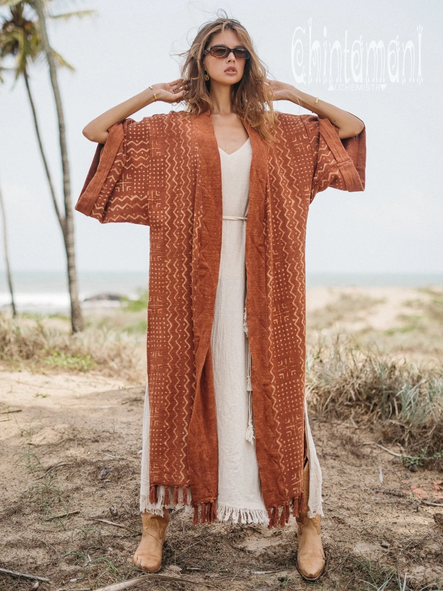 Tribal Kimono Robe with Block Print for Women / Rust