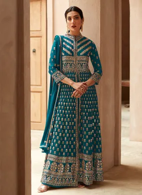 Turquoise Georgette Embroidered Traditional Slit Style Pant Suit