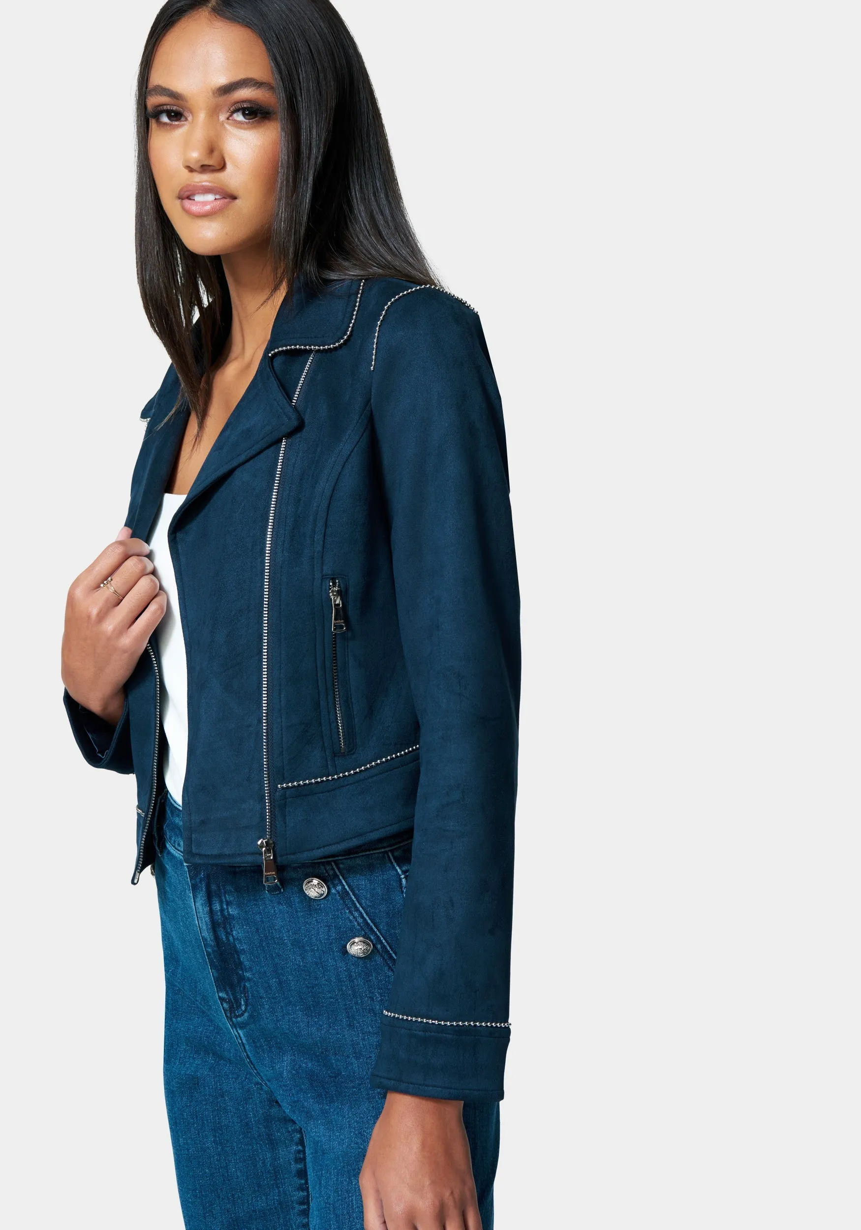 Vegan Suede Trim Detail Moto Jacket