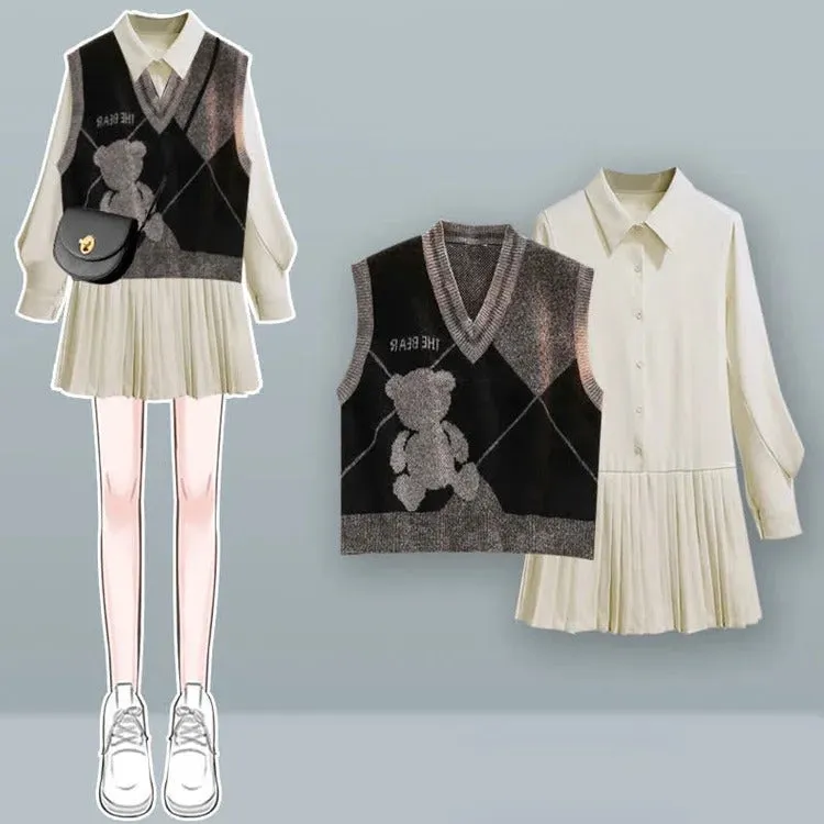 Versatile Chic: Two Piece Set with Cartoon and Bear Print Vest