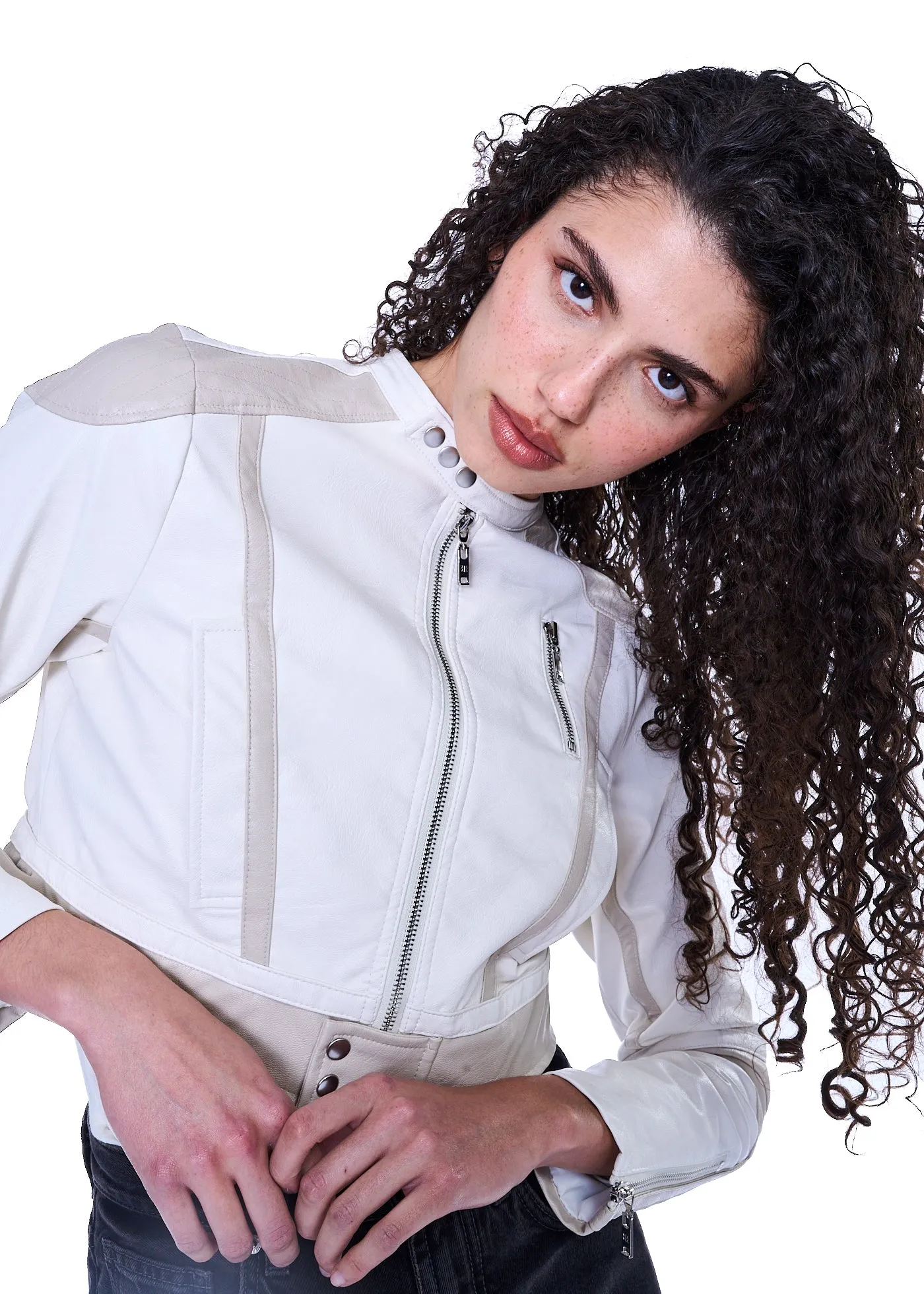 VIAVIA The Vegan Crop Moto Jacket in Egret