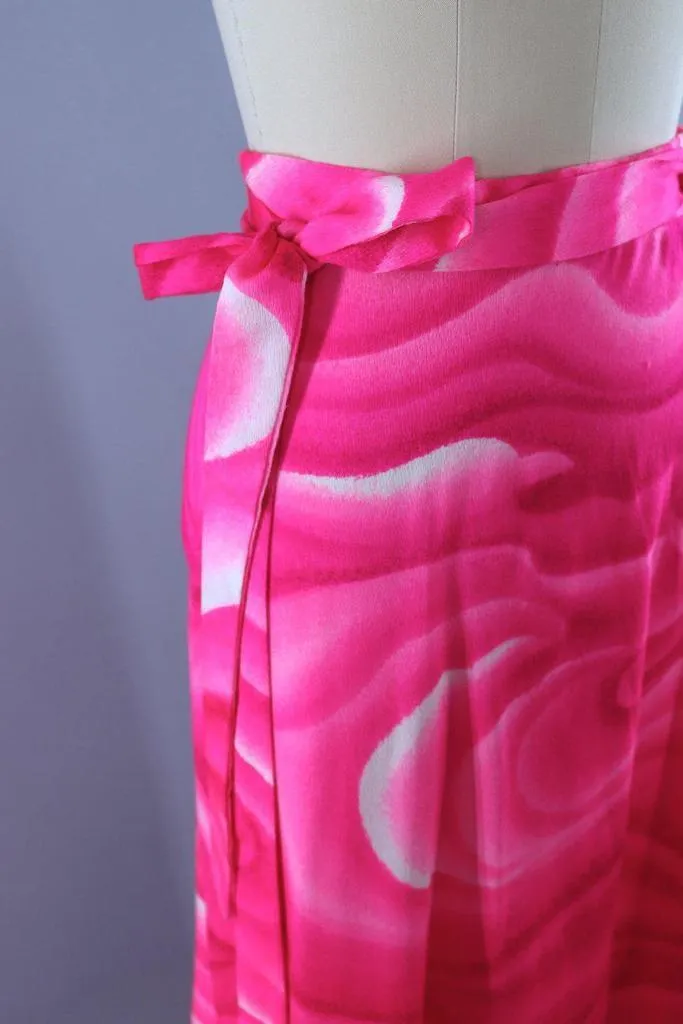 Vintage Hot Pink Hawaiian Tahitian Wave Maxi Wrap Skirt