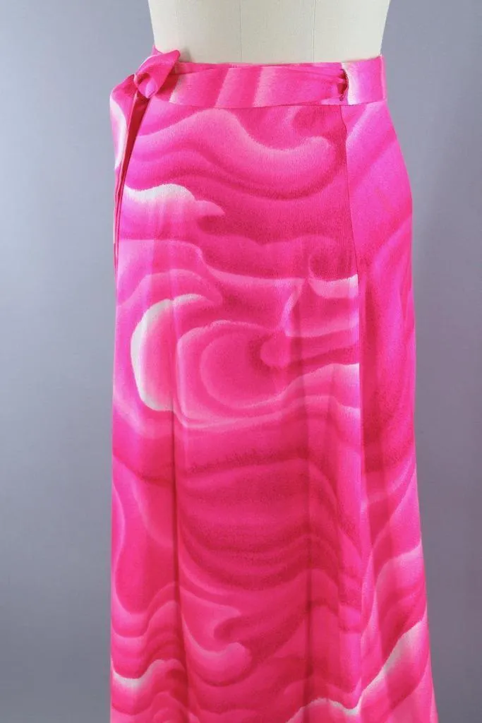 Vintage Hot Pink Hawaiian Tahitian Wave Maxi Wrap Skirt