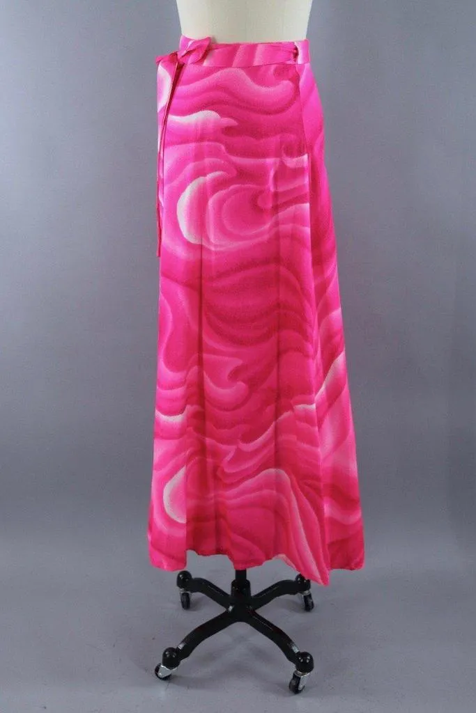 Vintage Hot Pink Hawaiian Tahitian Wave Maxi Wrap Skirt