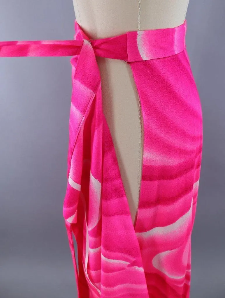 Vintage Hot Pink Hawaiian Tahitian Wave Maxi Wrap Skirt