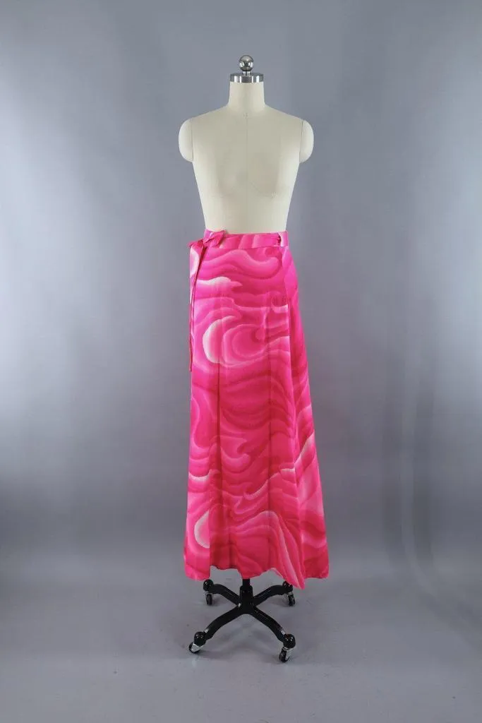 Vintage Hot Pink Hawaiian Tahitian Wave Maxi Wrap Skirt