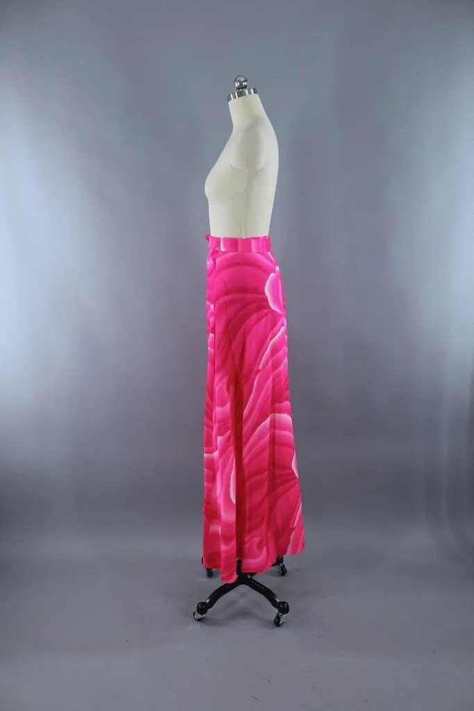 Vintage Hot Pink Hawaiian Tahitian Wave Maxi Wrap Skirt