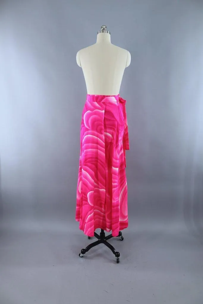 Vintage Hot Pink Hawaiian Tahitian Wave Maxi Wrap Skirt