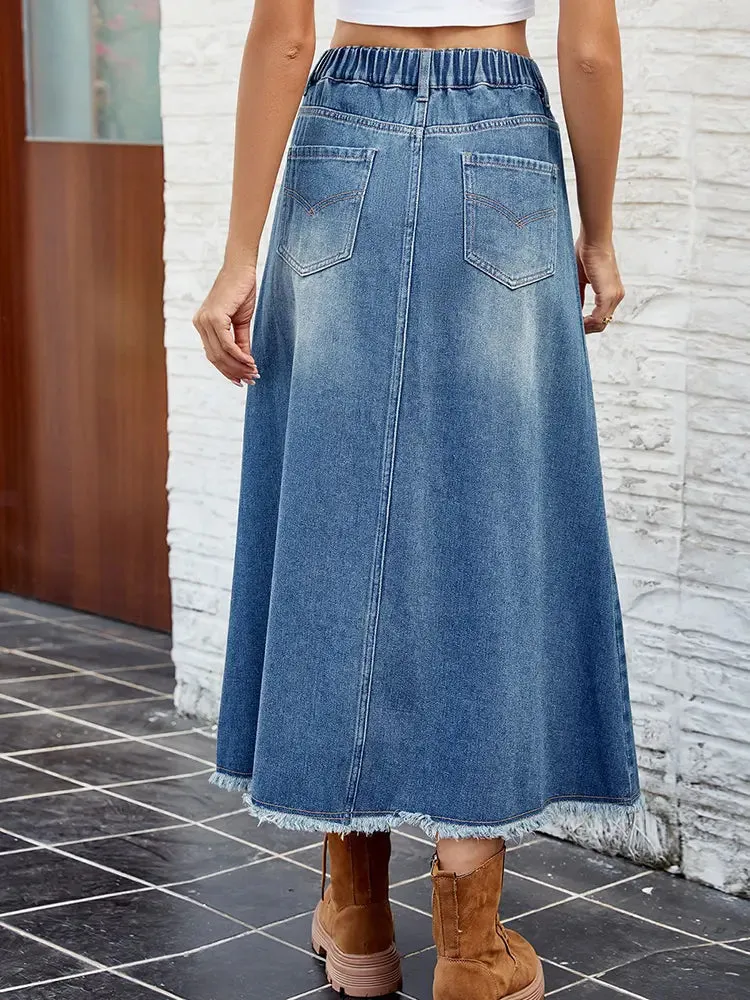 Washed Frayed Hem Denim Skirt