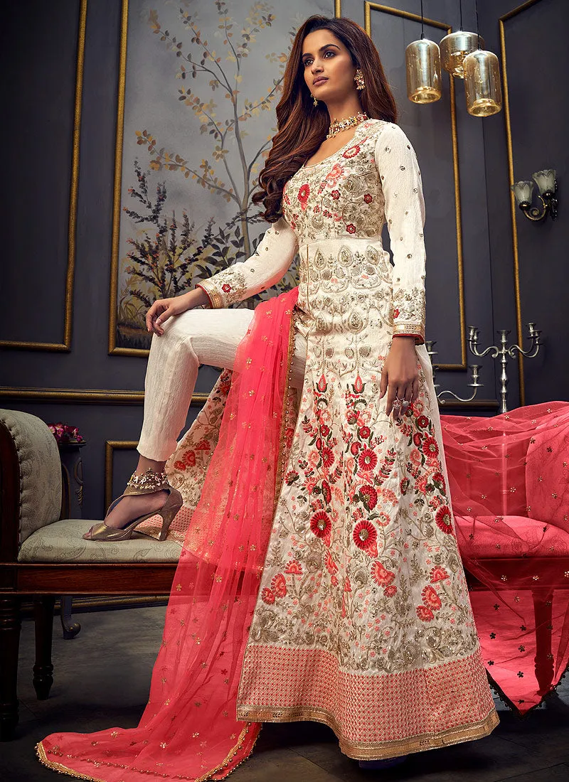 White And Pink High Slit Embroidered Anarkali Suit