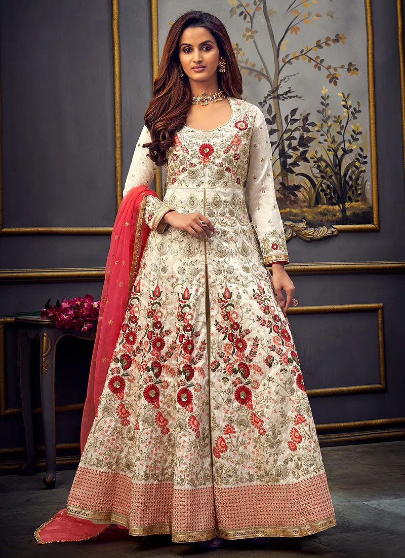 White And Pink High Slit Embroidered Anarkali Suit