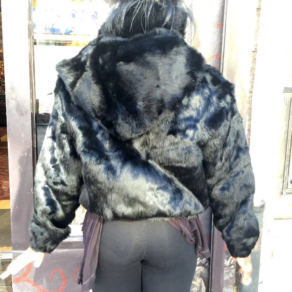 Winter Fur Women's Black Bomber Rabbit Fur Coat