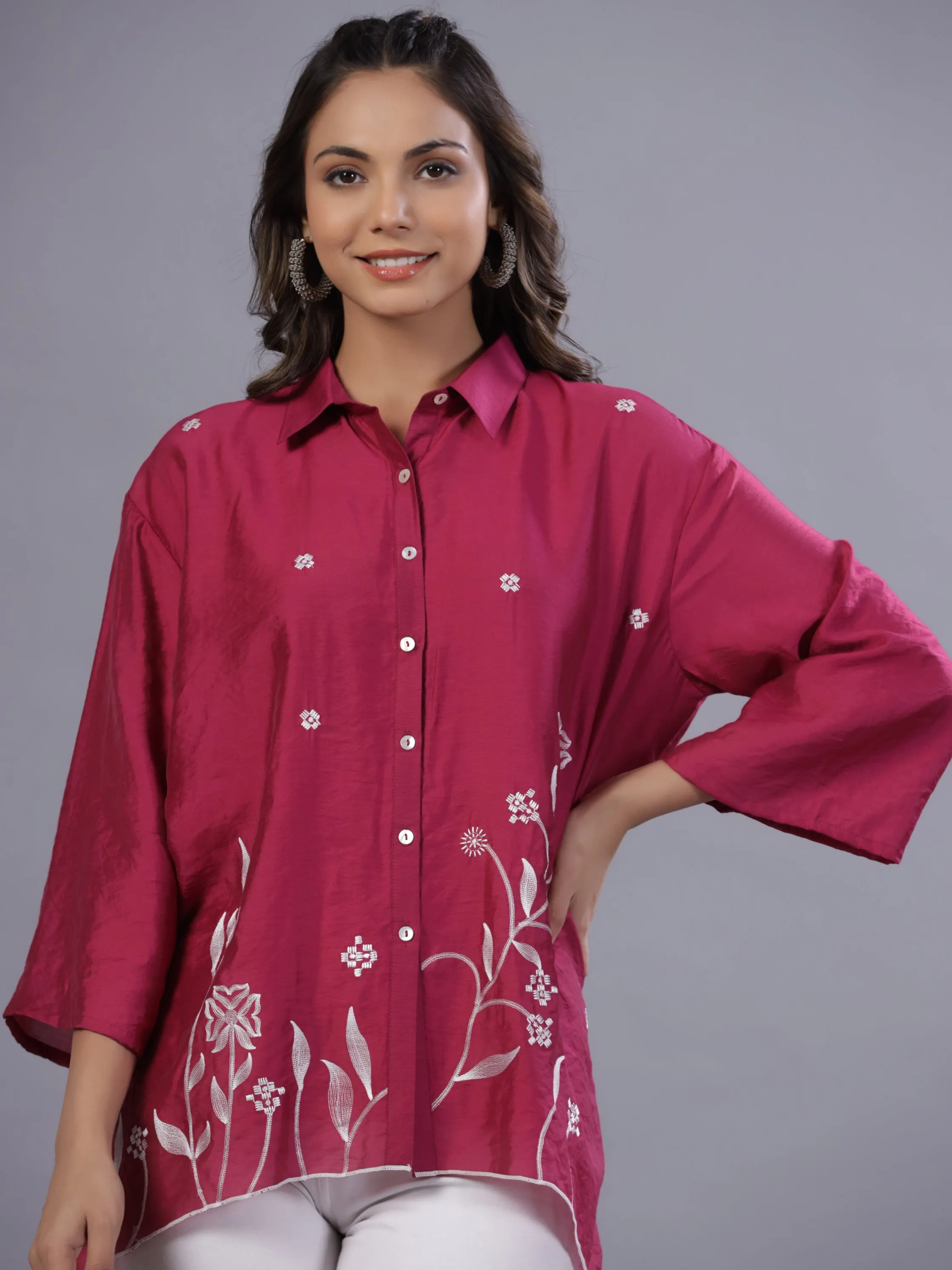 Women Fuchsia Chanderi Embroidered Clothing Set