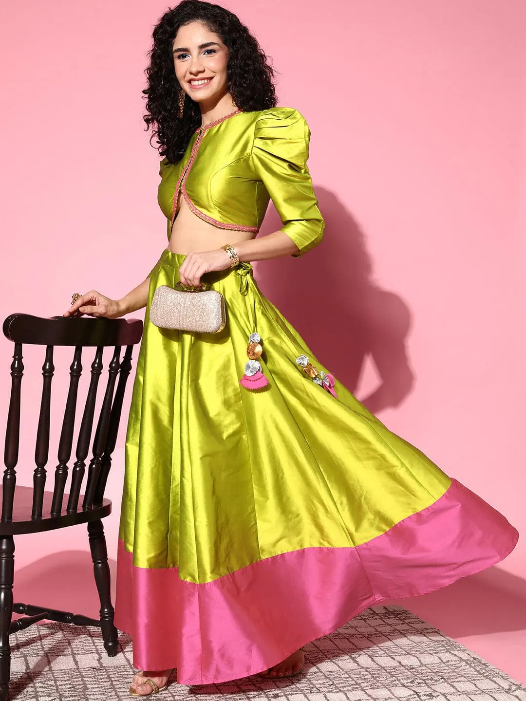 Women Green & Pink Contrast Border Anarkali Skirt