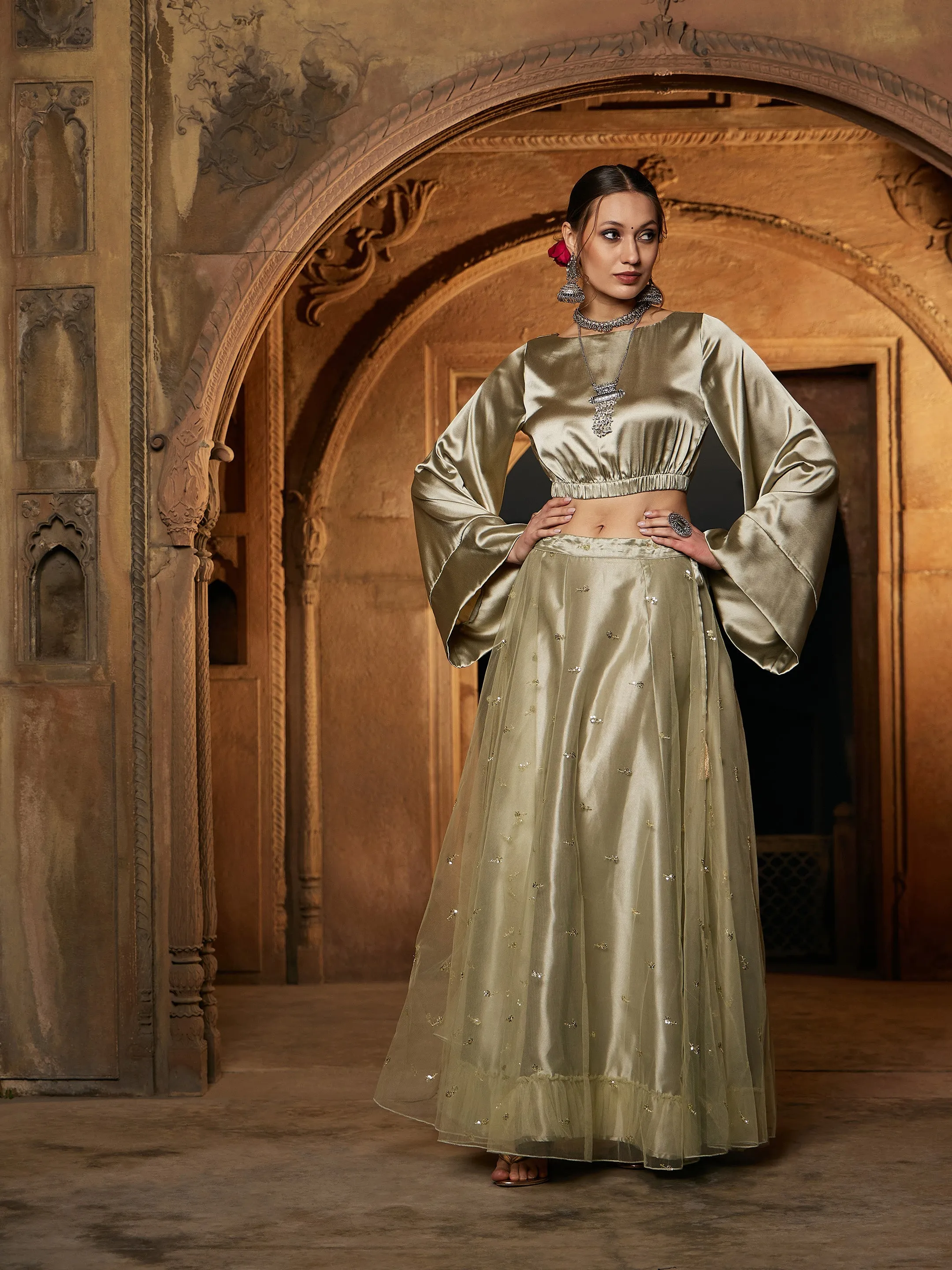 Women Olive Satin Crop Top With Tulle Sequin Anarkali Skirt