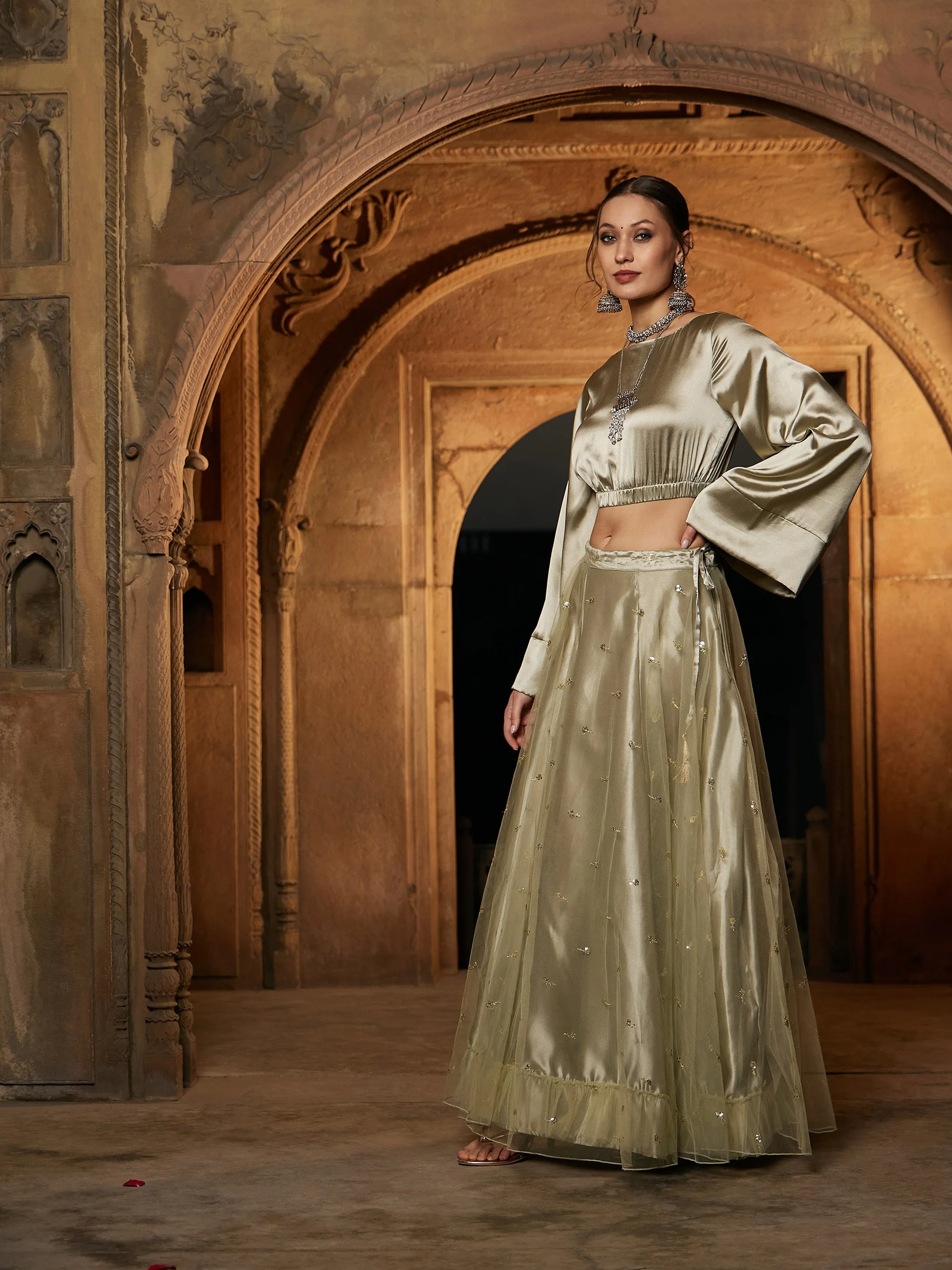 Women Olive Satin Crop Top With Tulle Sequin Anarkali Skirt