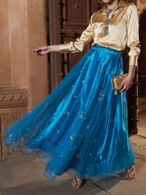 Women Teal Tulle Sequin Bias Flare Anarkali Skirt