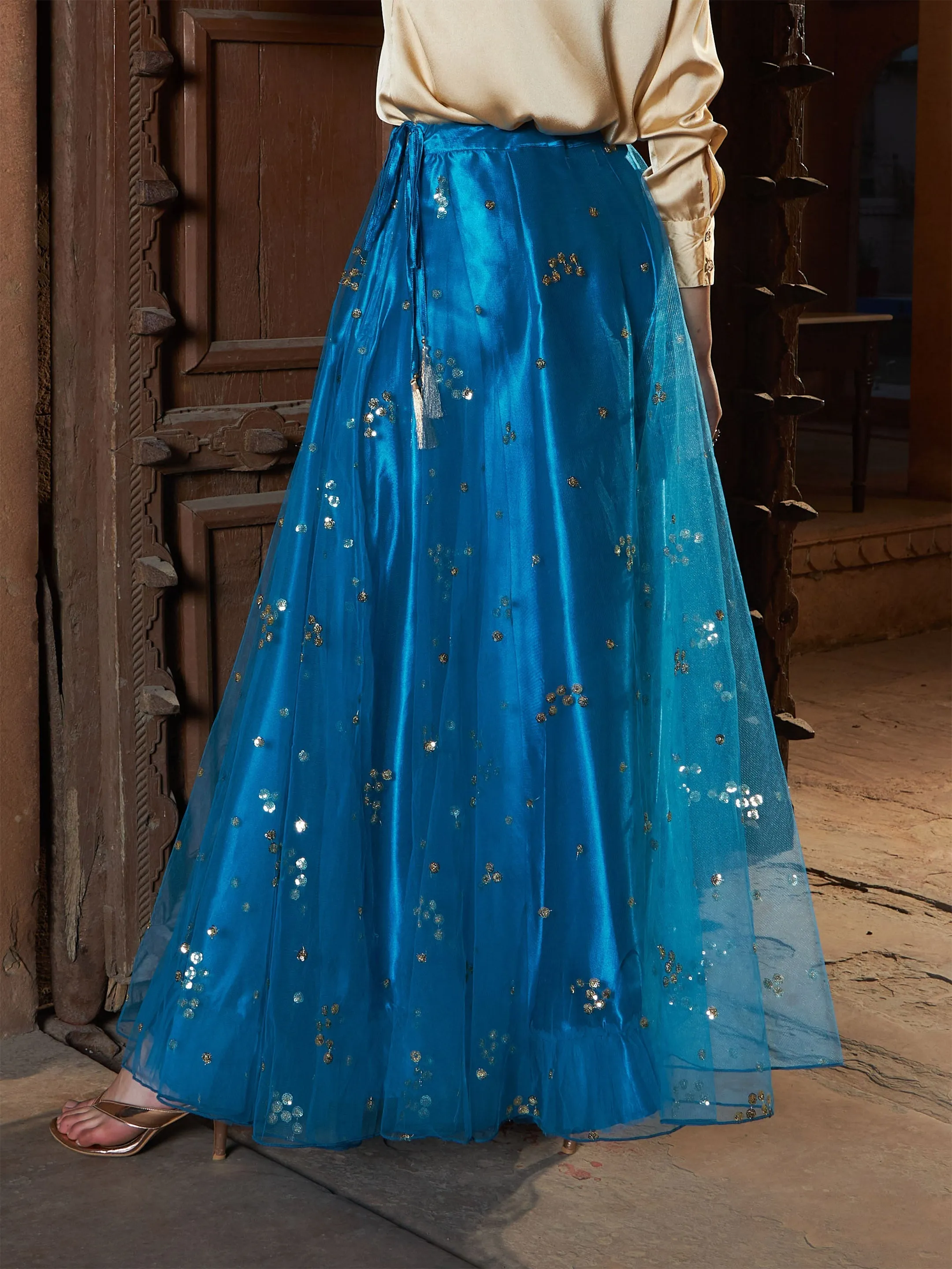 Women Teal Tulle Sequin Bias Flare Anarkali Skirt