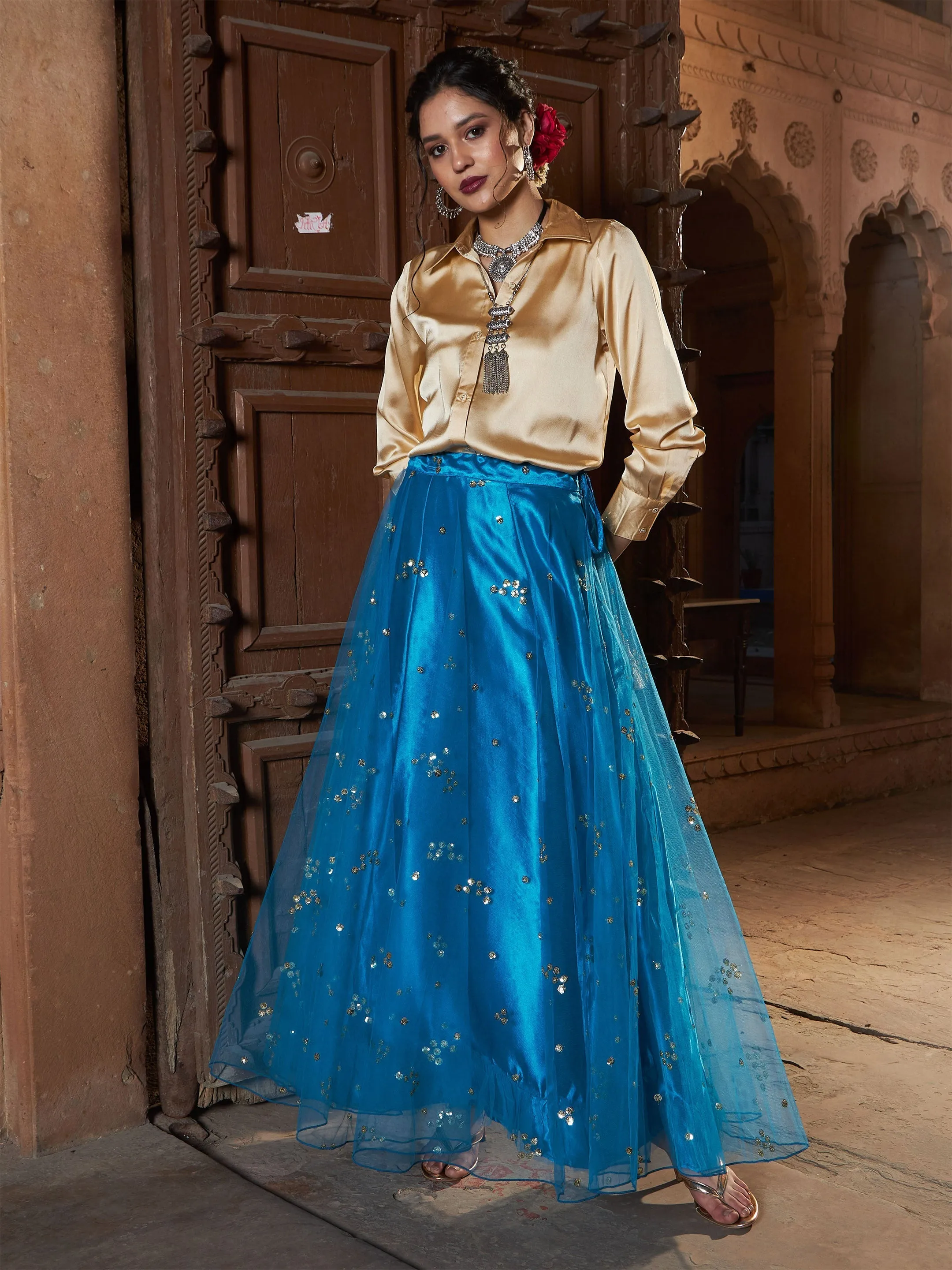 Women Teal Tulle Sequin Bias Flare Anarkali Skirt