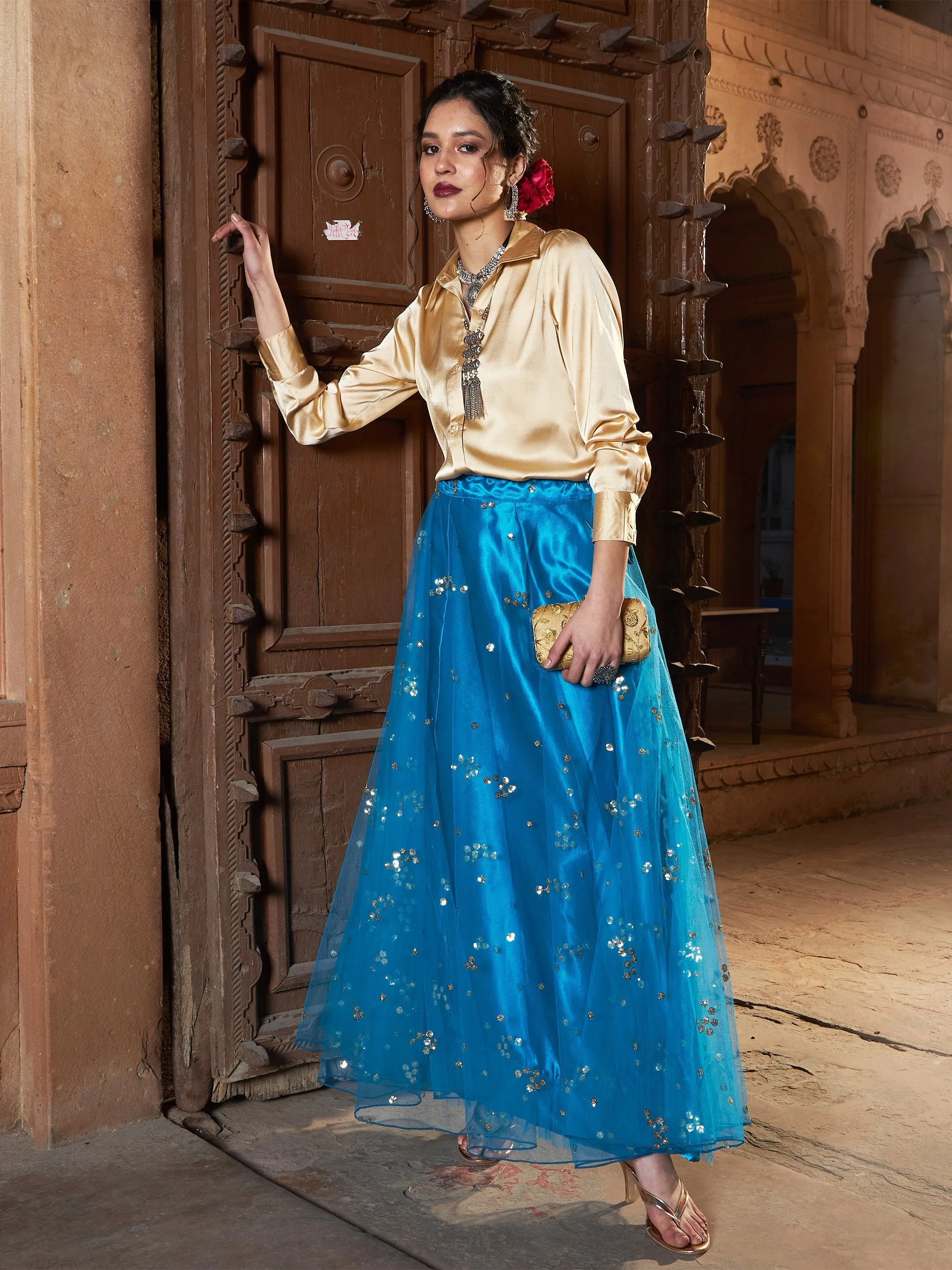 Women Teal Tulle Sequin Bias Flare Anarkali Skirt