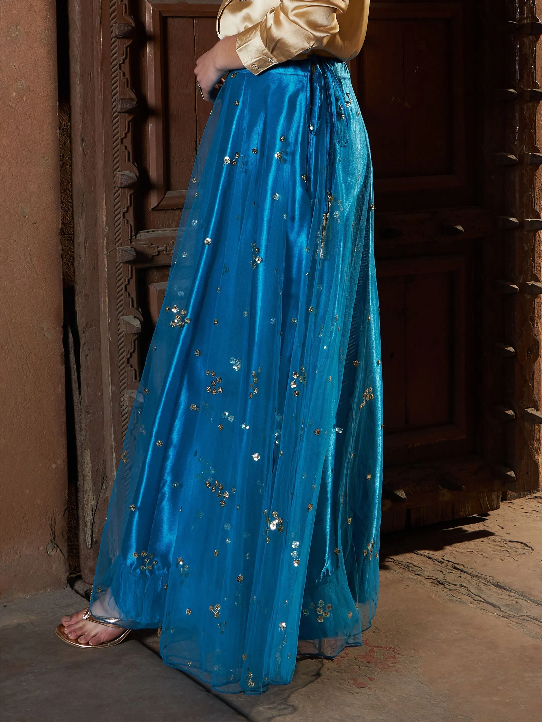 Women Teal Tulle Sequin Bias Flare Anarkali Skirt