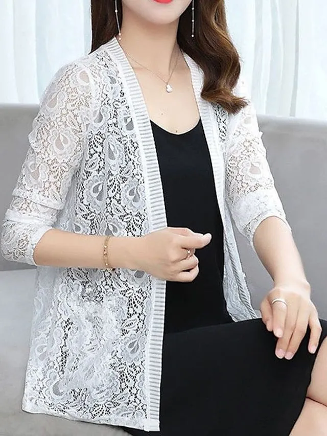 Women's Cardigan Sweater Jumper Knit Embroidered Lace Trims Pure Color V Neck Stylish Elegant Outdoor Work Spring Summer Green Purple XL 2XL 3XL / Long Sleeve / Regular Fit / Going out