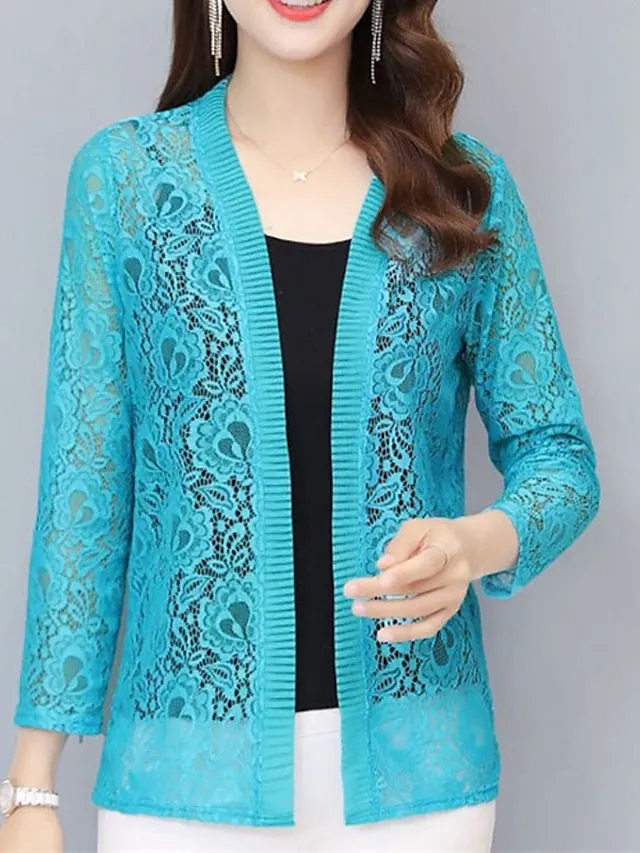 Women's Cardigan Sweater Jumper Knit Embroidered Lace Trims Pure Color V Neck Stylish Elegant Outdoor Work Spring Summer Green Purple XL 2XL 3XL / Long Sleeve / Regular Fit / Going out