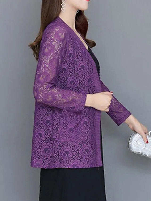 Women's Cardigan Sweater Jumper Knit Embroidered Lace Trims Pure Color V Neck Stylish Elegant Outdoor Work Spring Summer Green Purple XL 2XL 3XL / Long Sleeve / Regular Fit / Going out