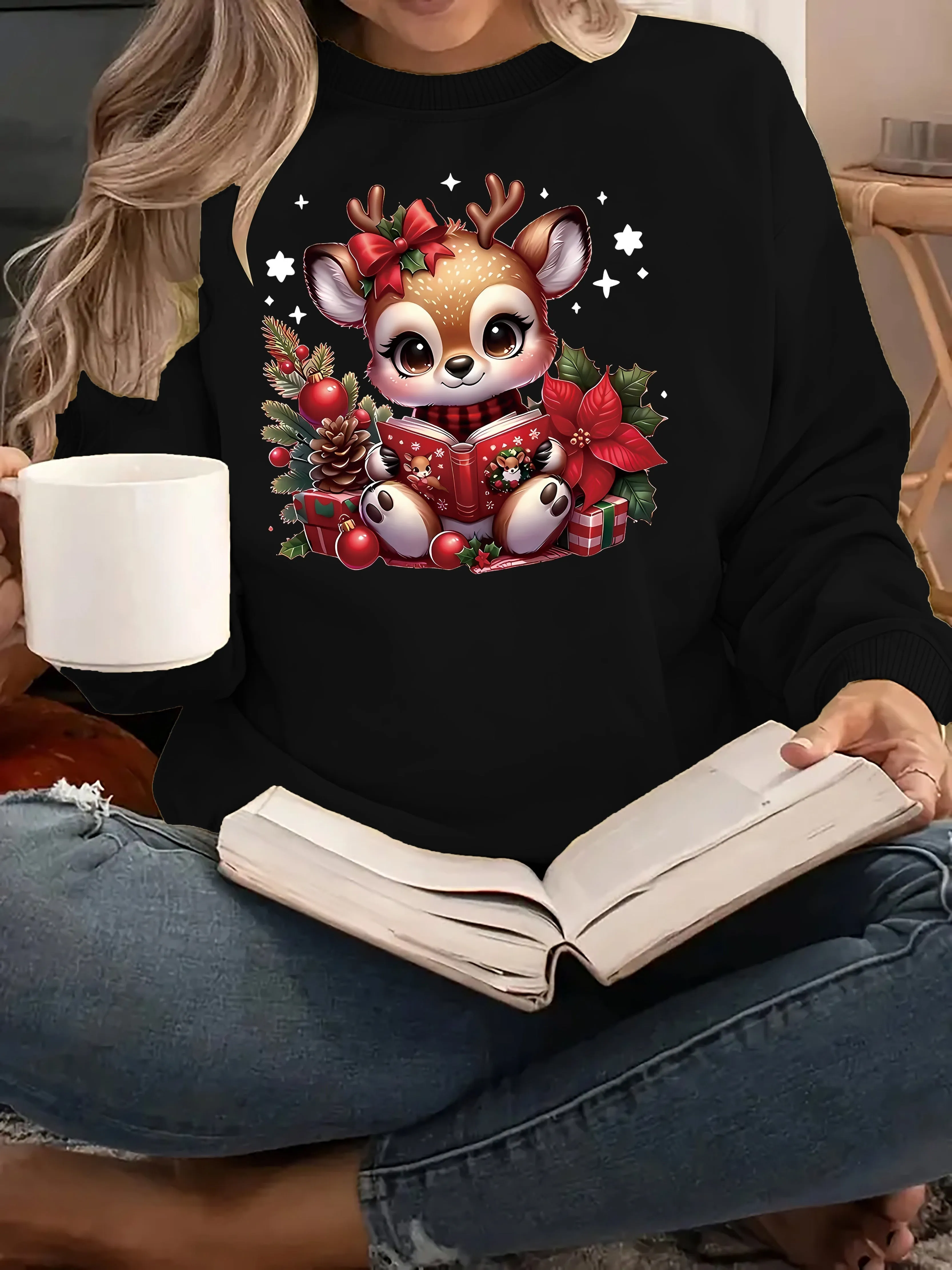 Women's Cozy Christmas Reindeer Sweatshirt - Casual Crew Neck, Long Sleeve Pullover with Festive Print, Machine Washable Polyester Knit Fabric