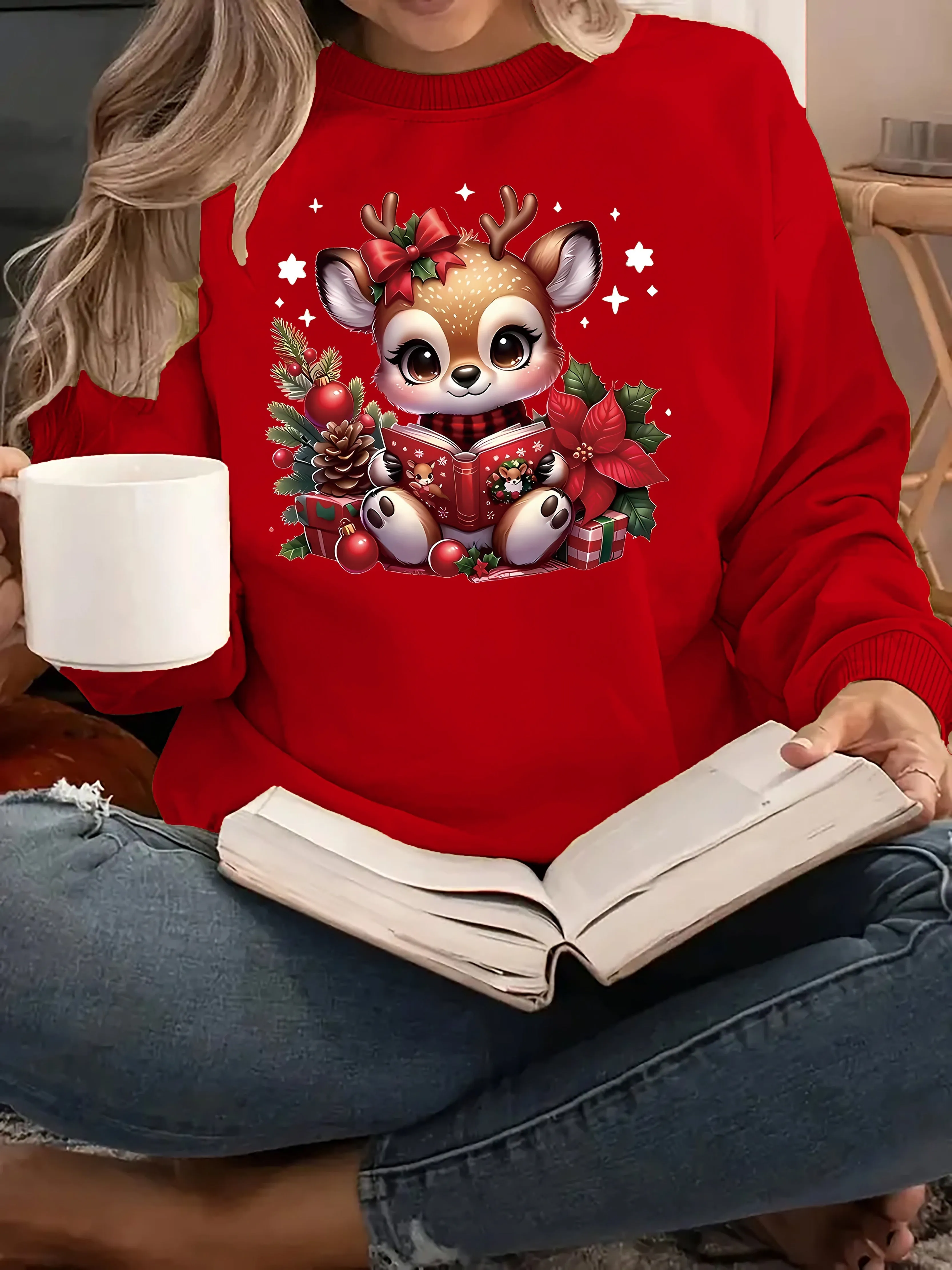 Women's Cozy Christmas Reindeer Sweatshirt - Casual Crew Neck, Long Sleeve Pullover with Festive Print, Machine Washable Polyester Knit Fabric